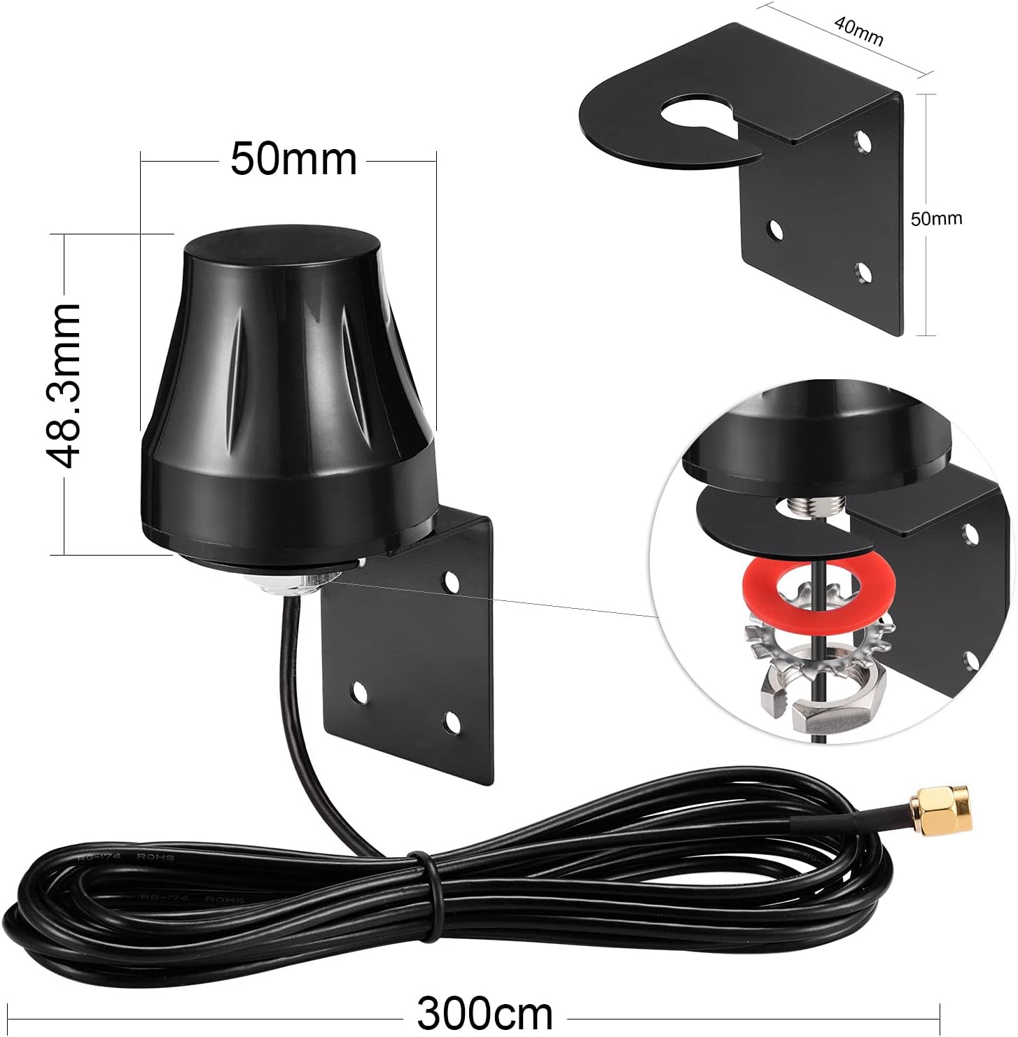 Product dimensions showing the 10ft cable, L-bracket hole spacing, and the robust antenna profile
