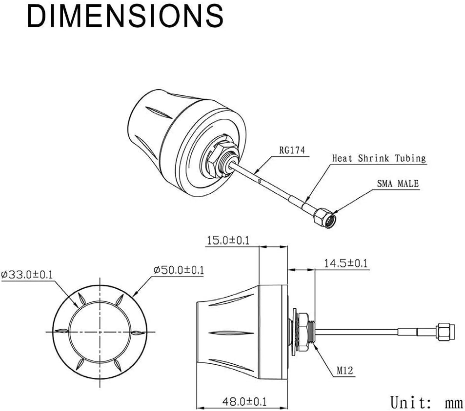 Product dimensions showing the 10ft cable, L-bracket hole spacing, and the robust antenna profile
