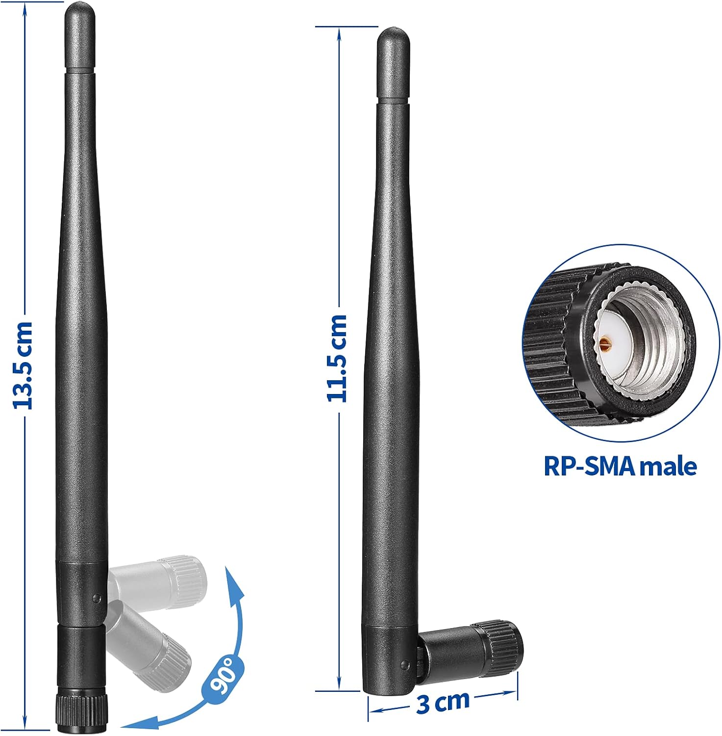 Product dimensions showing the 11cm (4.33 inch) compact antenna height, perfect for tight space installations