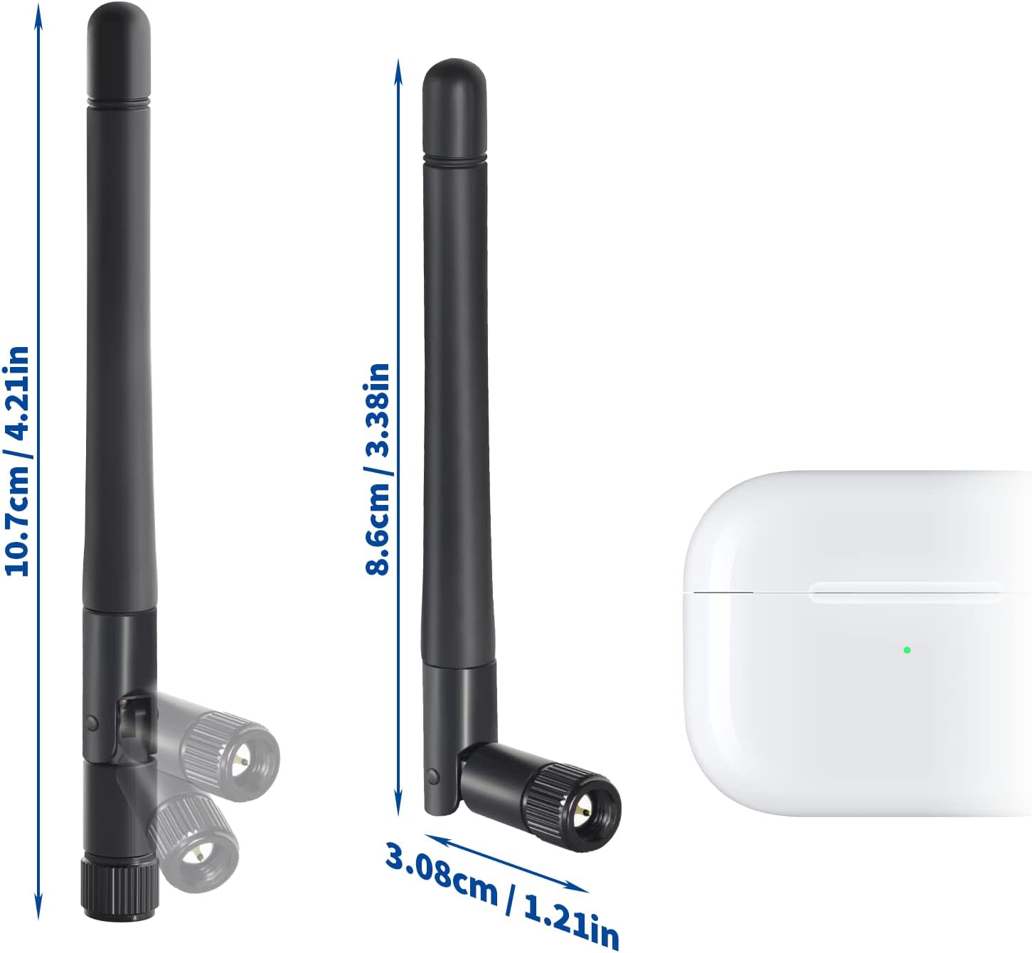 Product dimensions showing the 11cm (4.3 inch) compact antenna length and SMA connector details