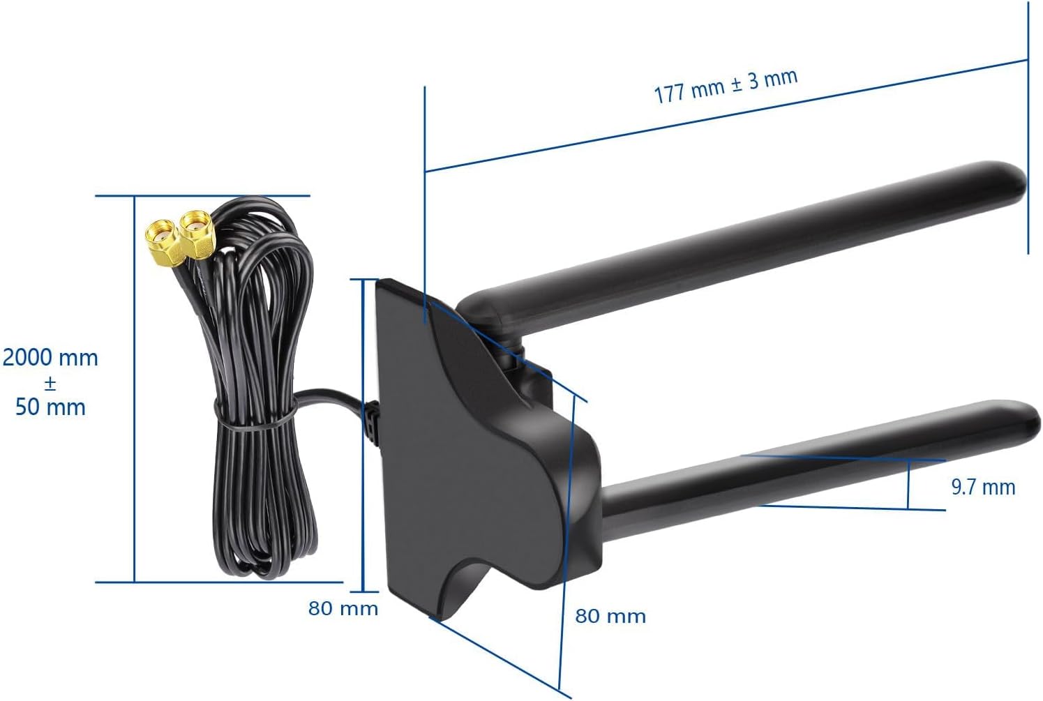 Product dimensions showing the 200cm (6.5ft) cable length and the compact yet stable magnetic base diameter