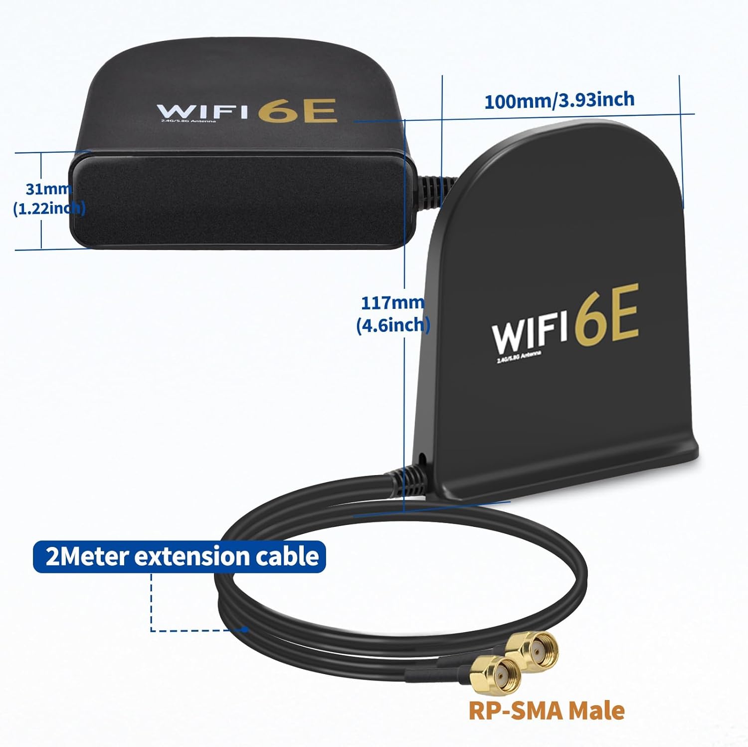 Product dimensions showing the 26cm (10.2 inch) antenna height and the 200cm (6.5ft) cable length