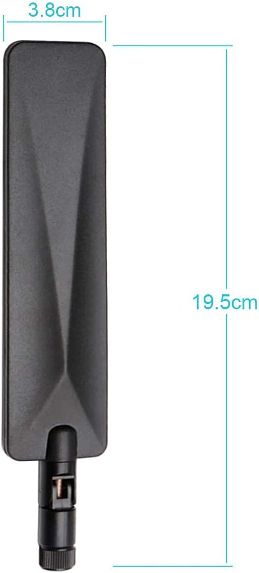 Product dimensions showing the 9dBi antenna height and foldable SMA male connector
