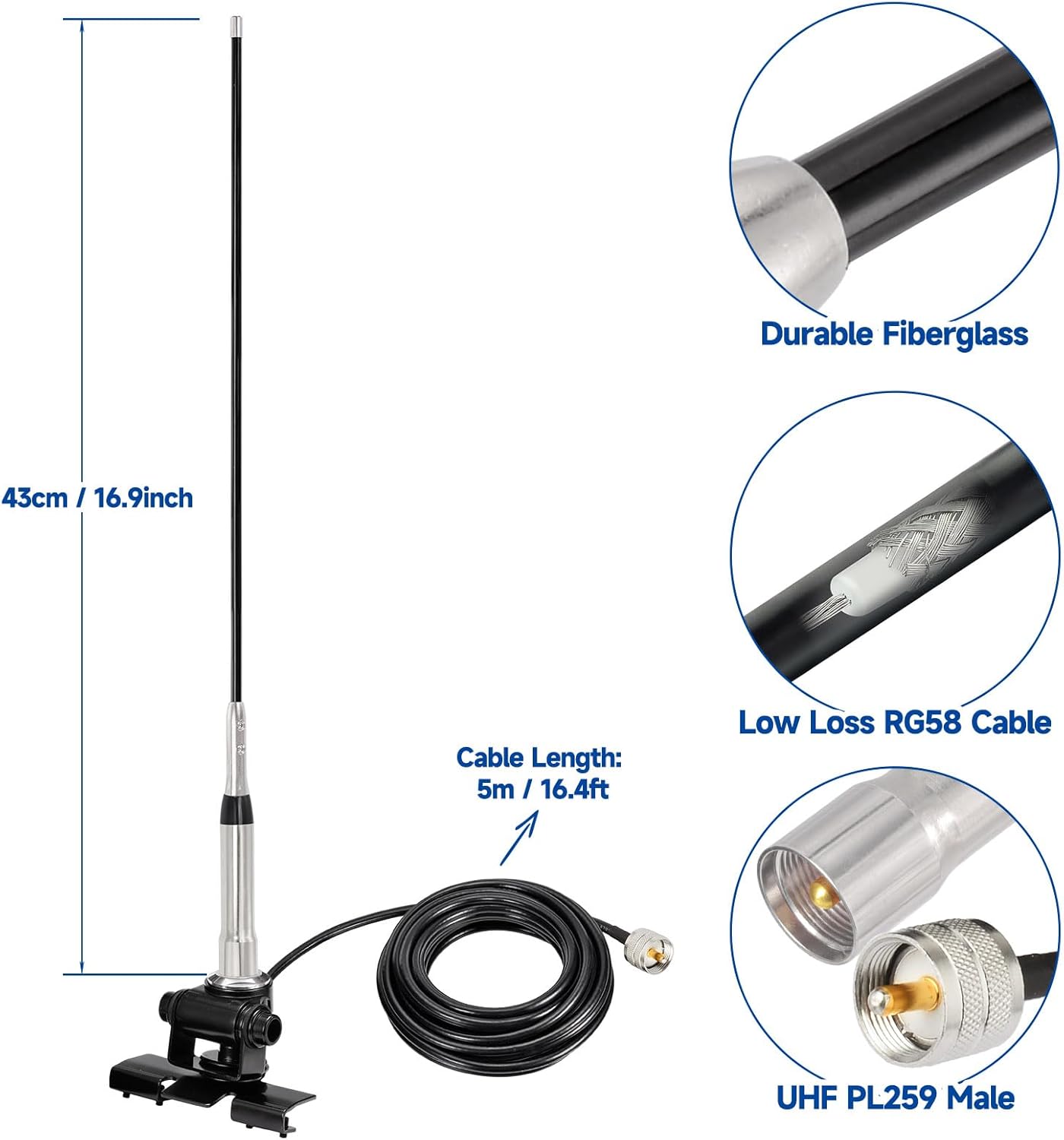 Product dimensions showing the fiberglass antenna height, L-bracket size, and the 16.4ft (5m) cable length