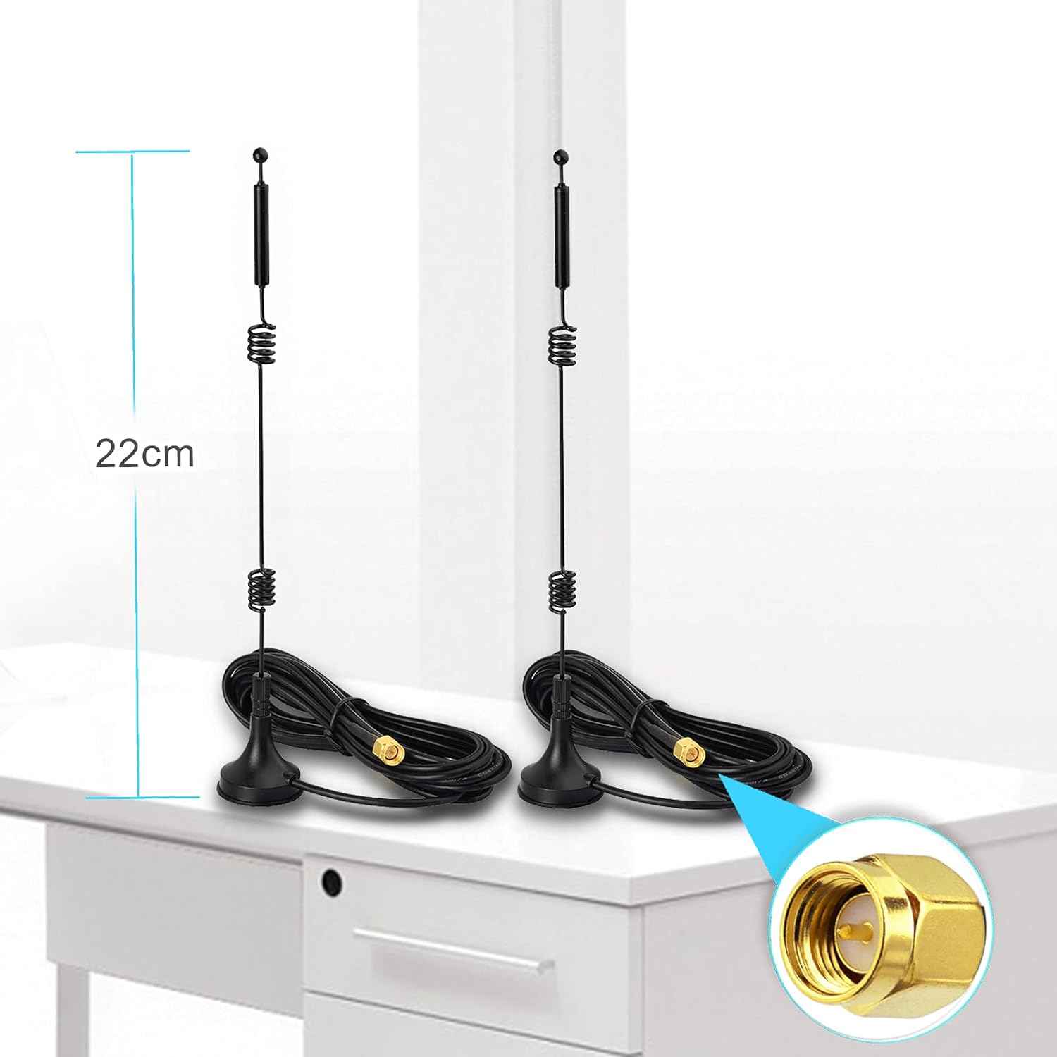 Product dimensions showing the impressive antenna height (approx 39cm) and the 3m (10ft) RG174 extension cable