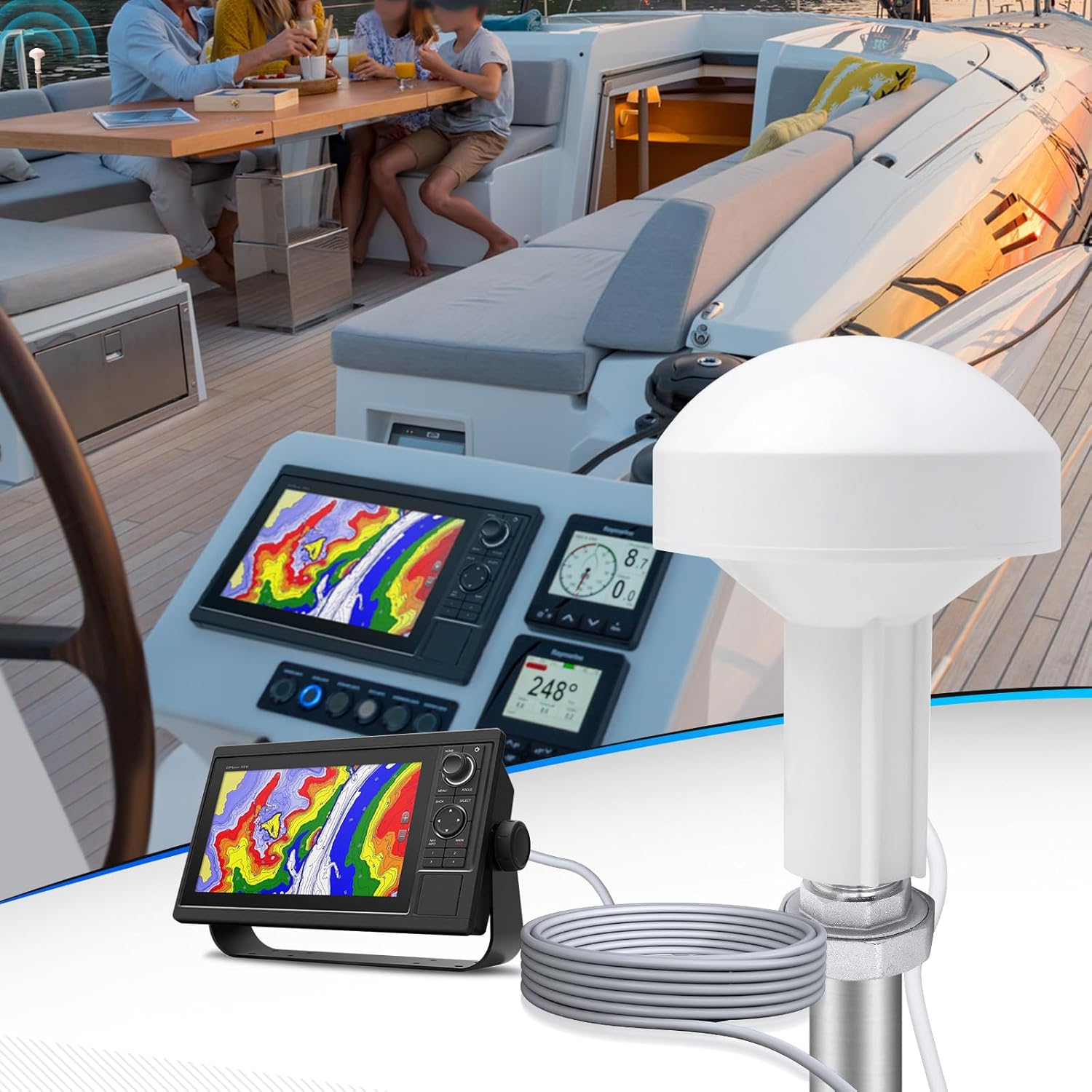 Professional marine antenna installation on a boat deck or mast railing