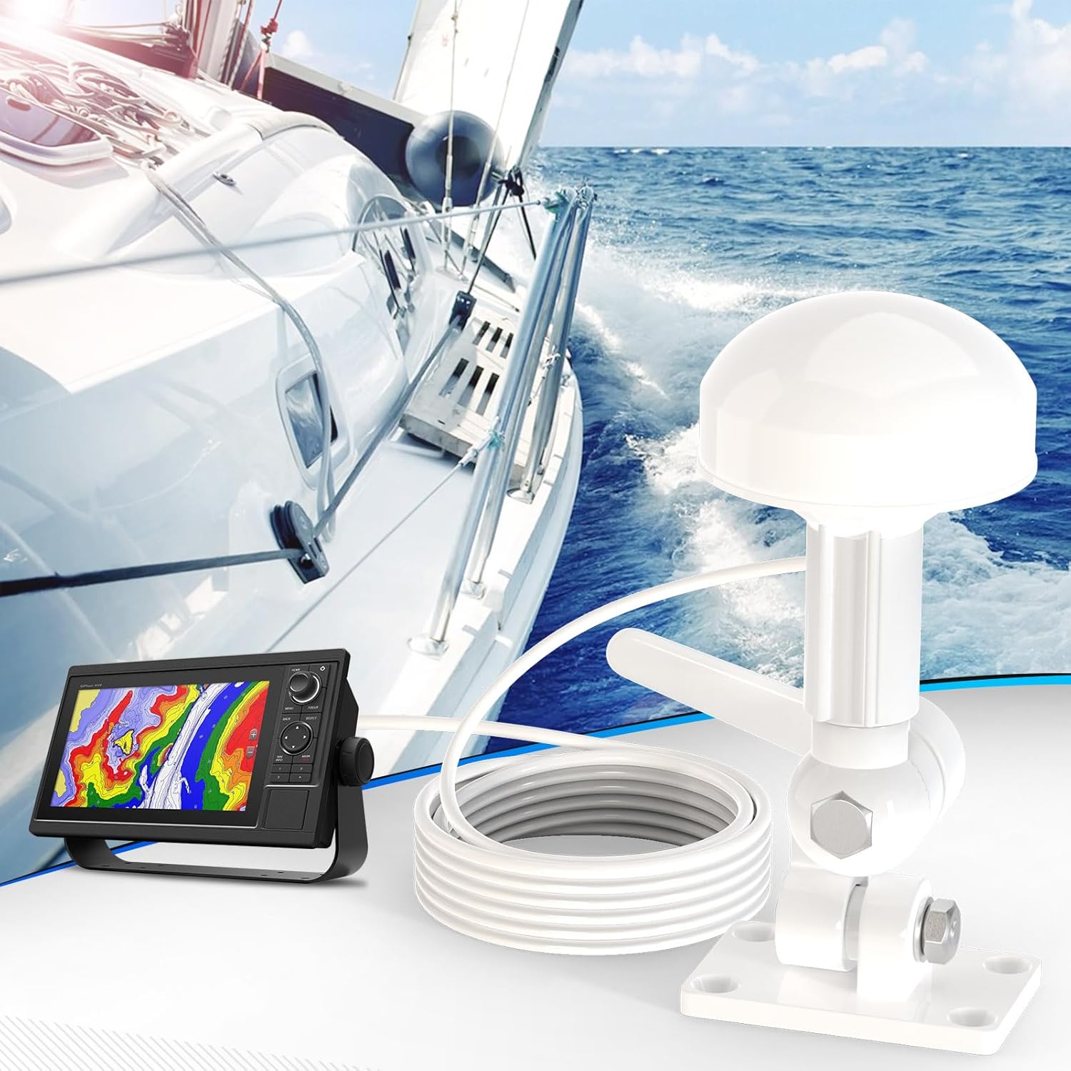 Professional marine antenna mounted on a boat deck, illustrating a secure fit for nautical navigation