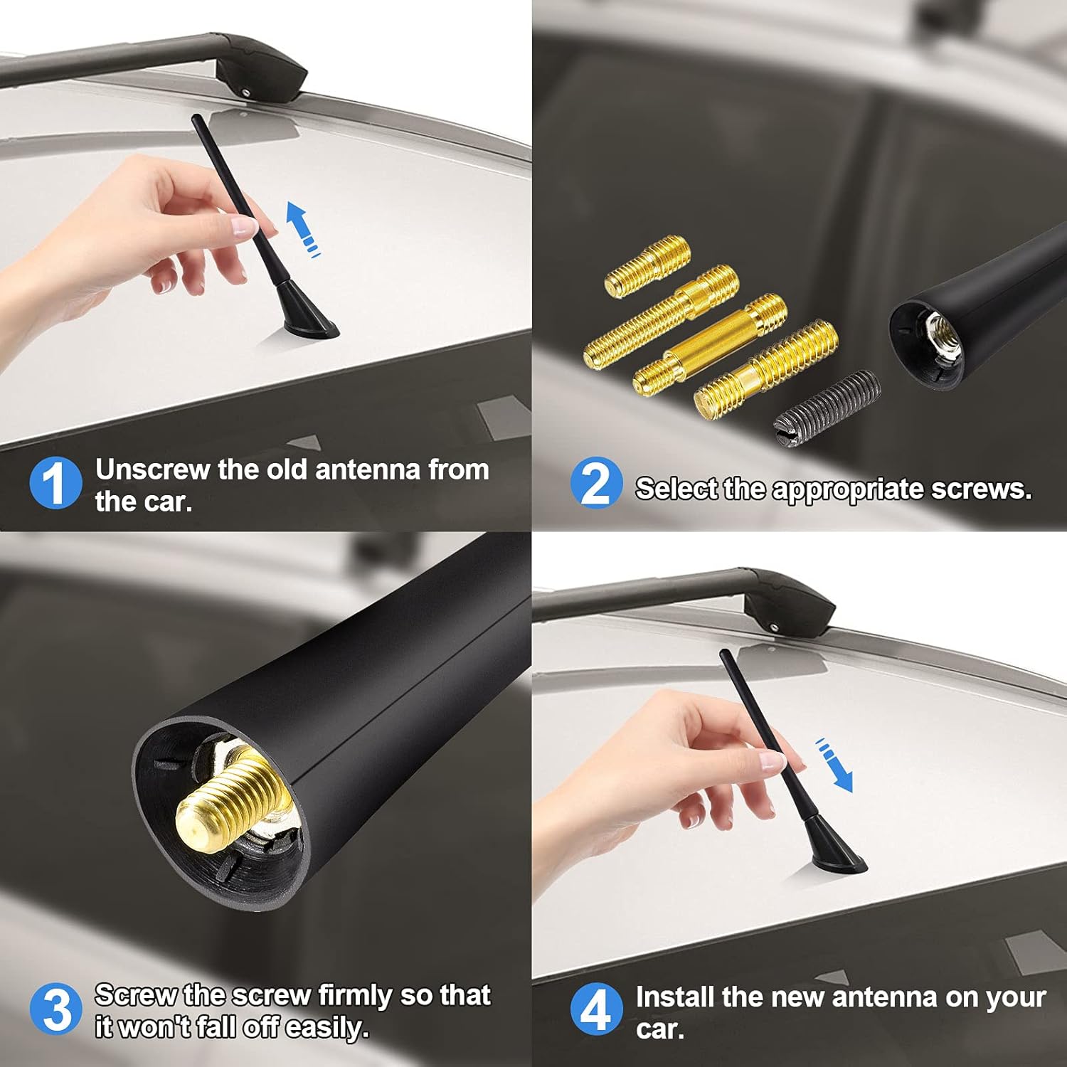 Quick installation guide: selecting the correct screw adapter and hand-tightening the 16cm antenna onto the vehicle's roof base