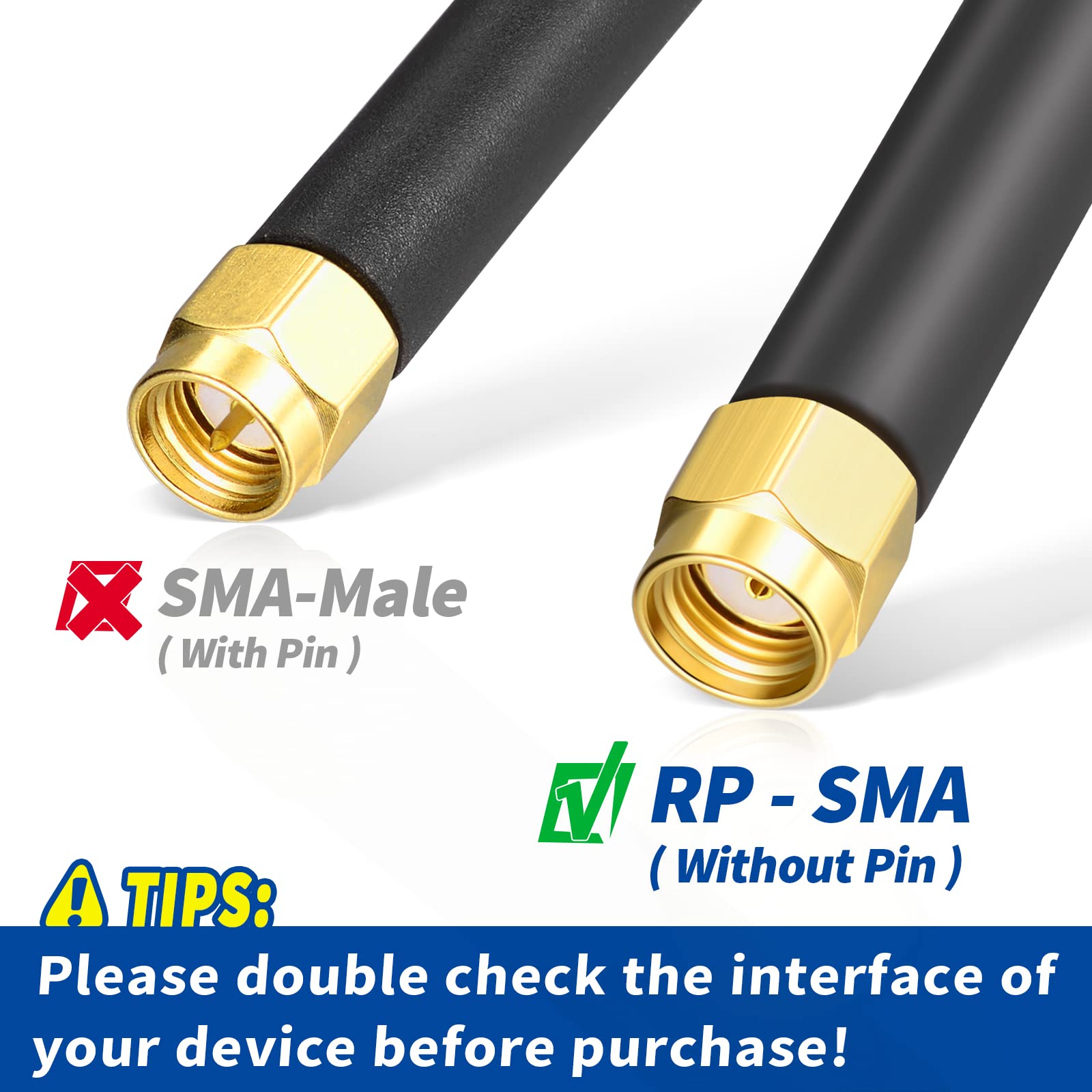 RP-SMA Male connector with gold-plated pinhole and internal threads, integrated into a mini stubby antenna body