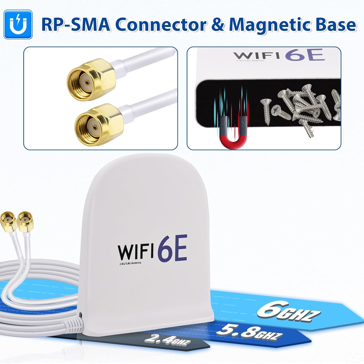 RP-SMA Male connectors (inner thread with center hole) in white housing, compatible with ASUS, MSI, and Gigabyte WiFi ports