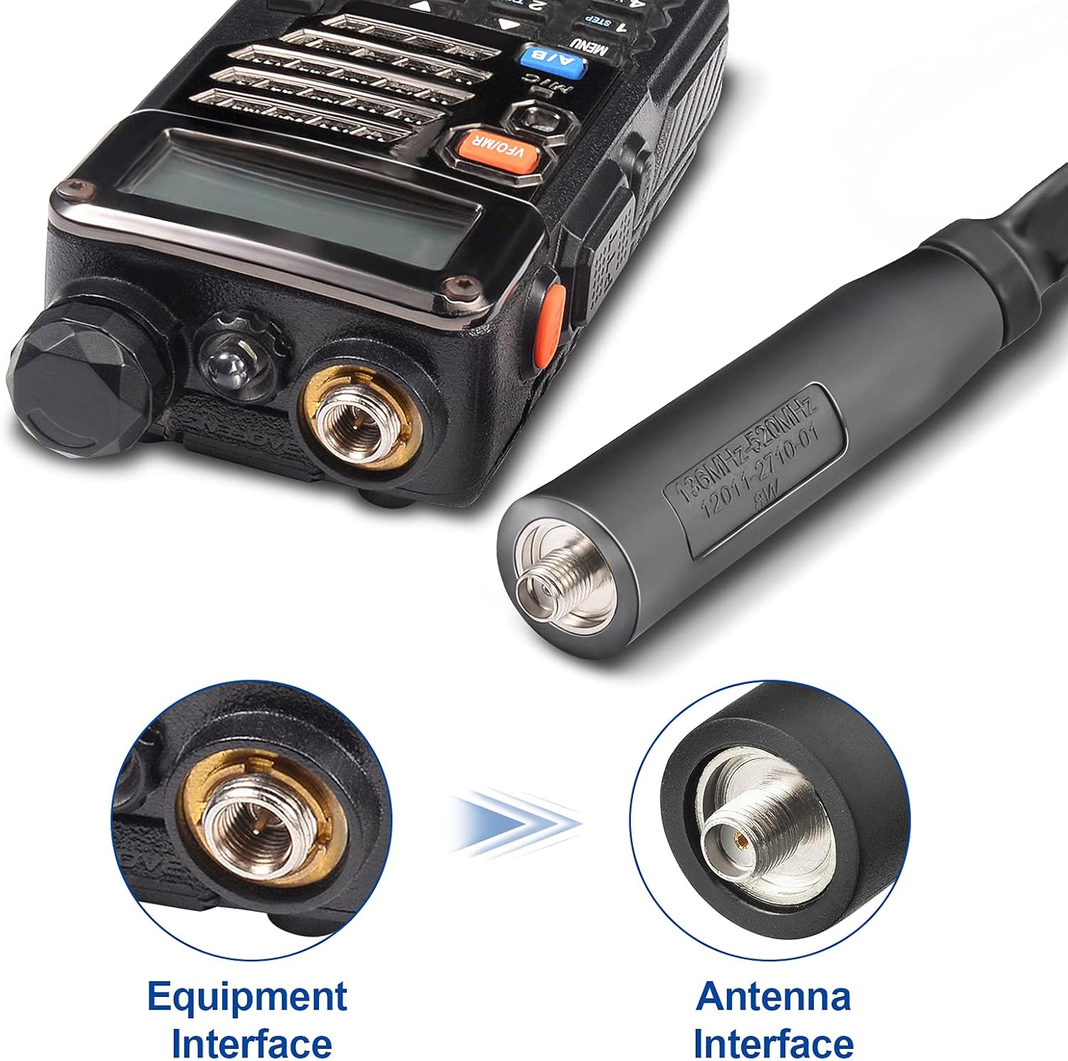 SMA-Female connector and 1m extension cable showing universal handheld radio compatibility