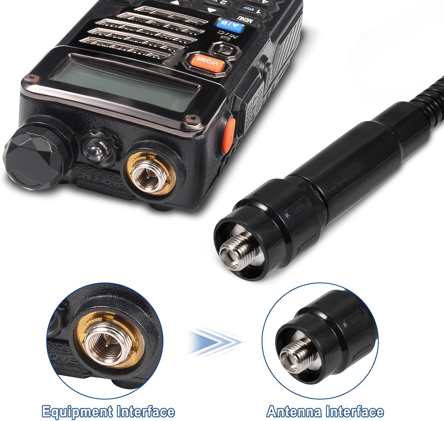 SMA Female connector (inner hole with threads) - the standard interface for Baofeng, Quansheng, and Tidradio