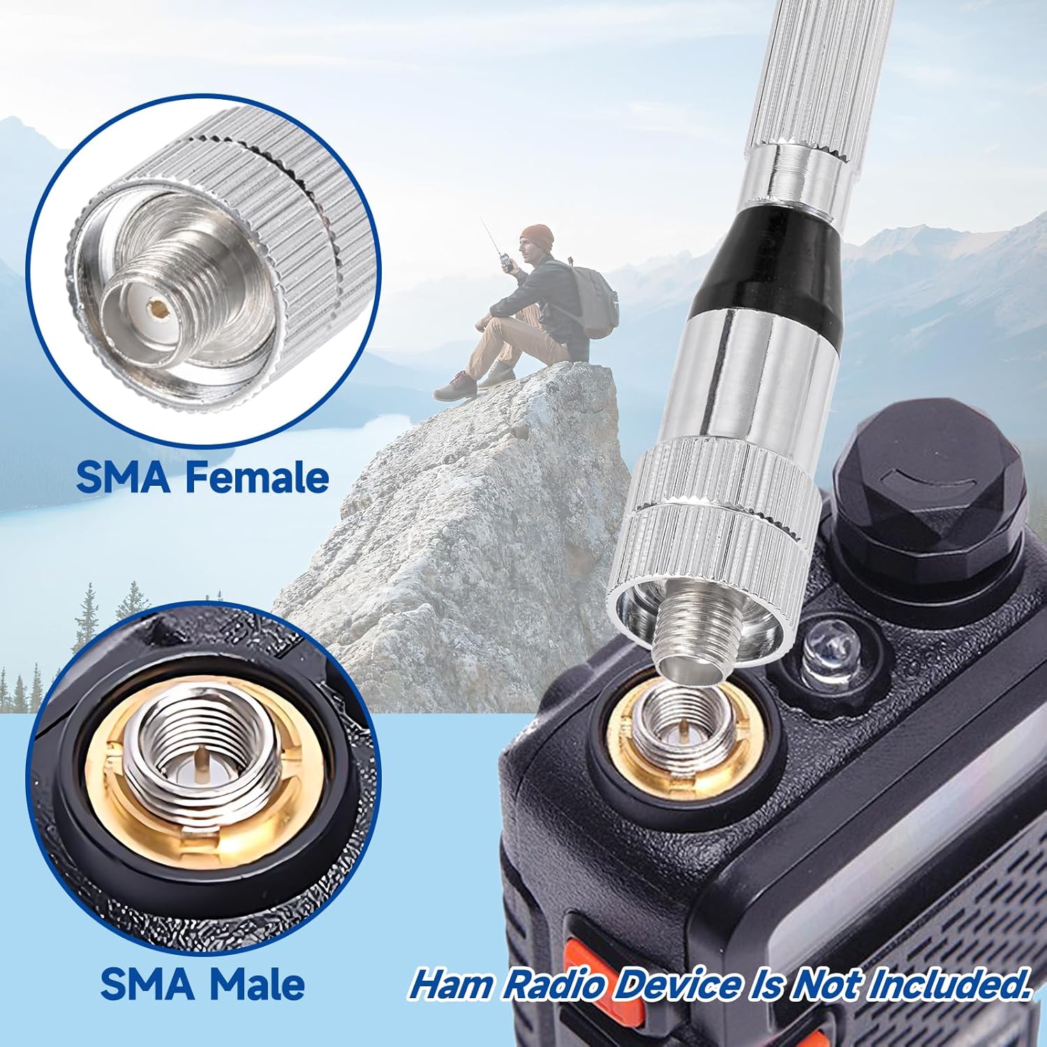 SMA Female connector (internal threads, center hole) - compatible with most handheld amateur radios