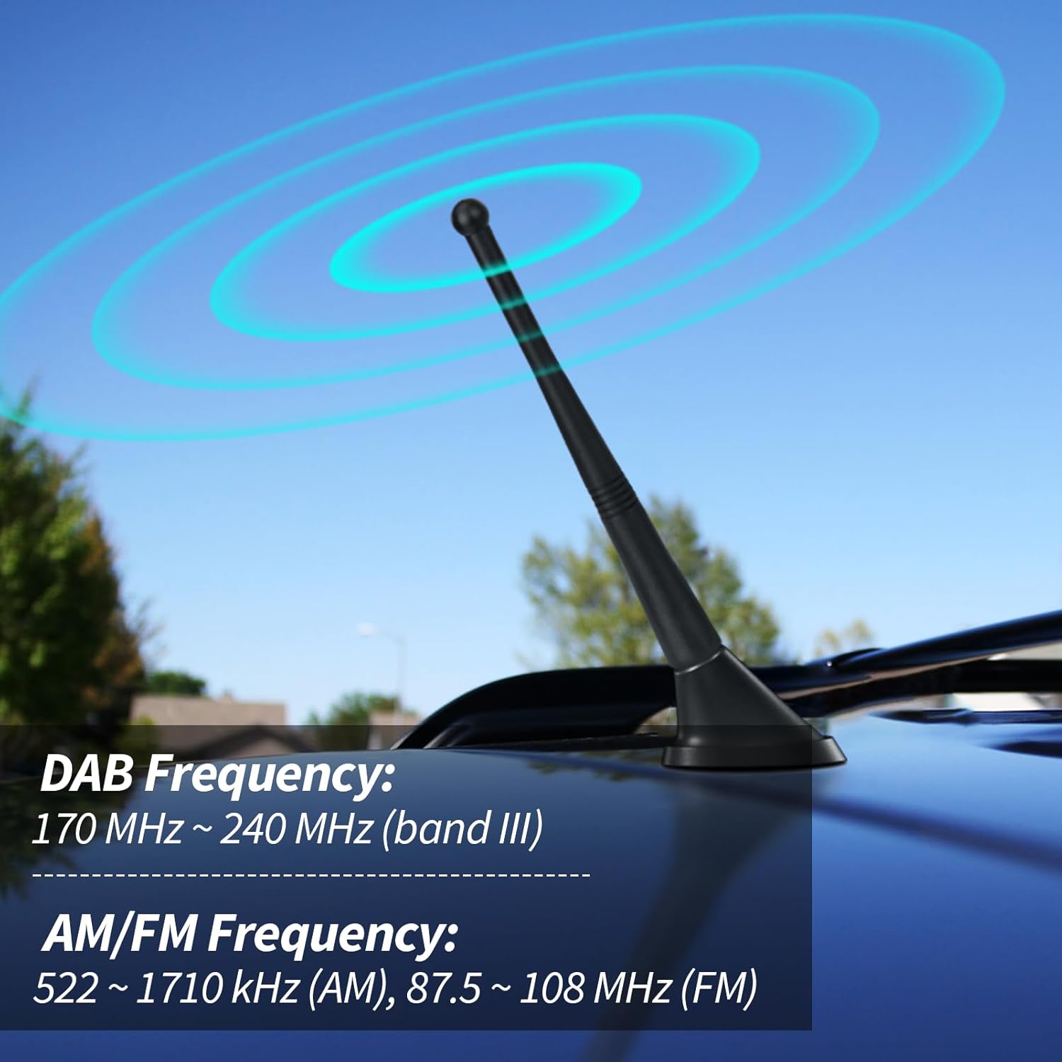 Simple 3-step installation guide showing the antenna screwing into the car roof base using the provided M4, M5, or M6 studs