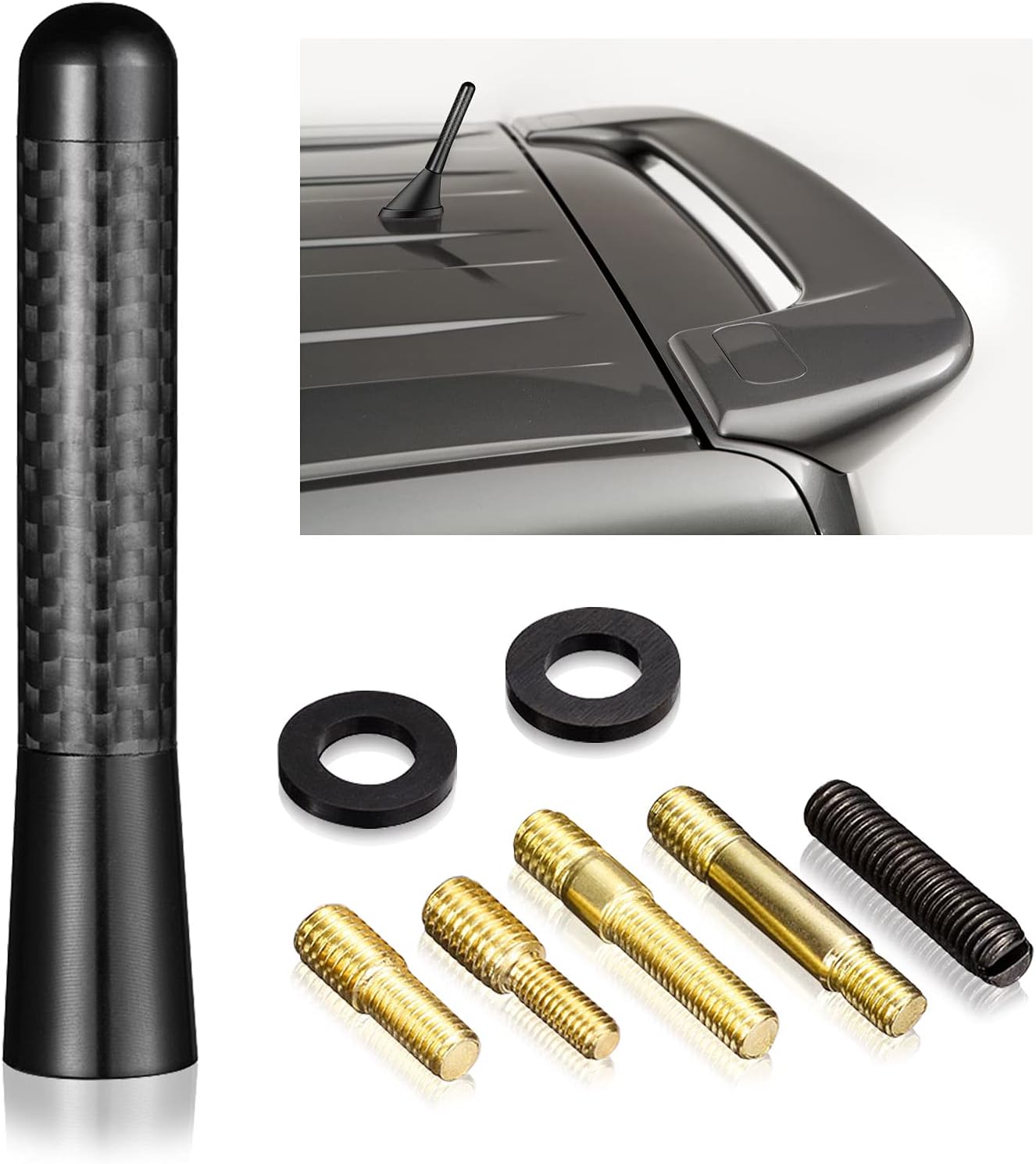 Simple DIY installation guide: selecting the matching M4, M5, or M6 copper stud and screwing the 3-inch stubby antenna into the vehicle's base