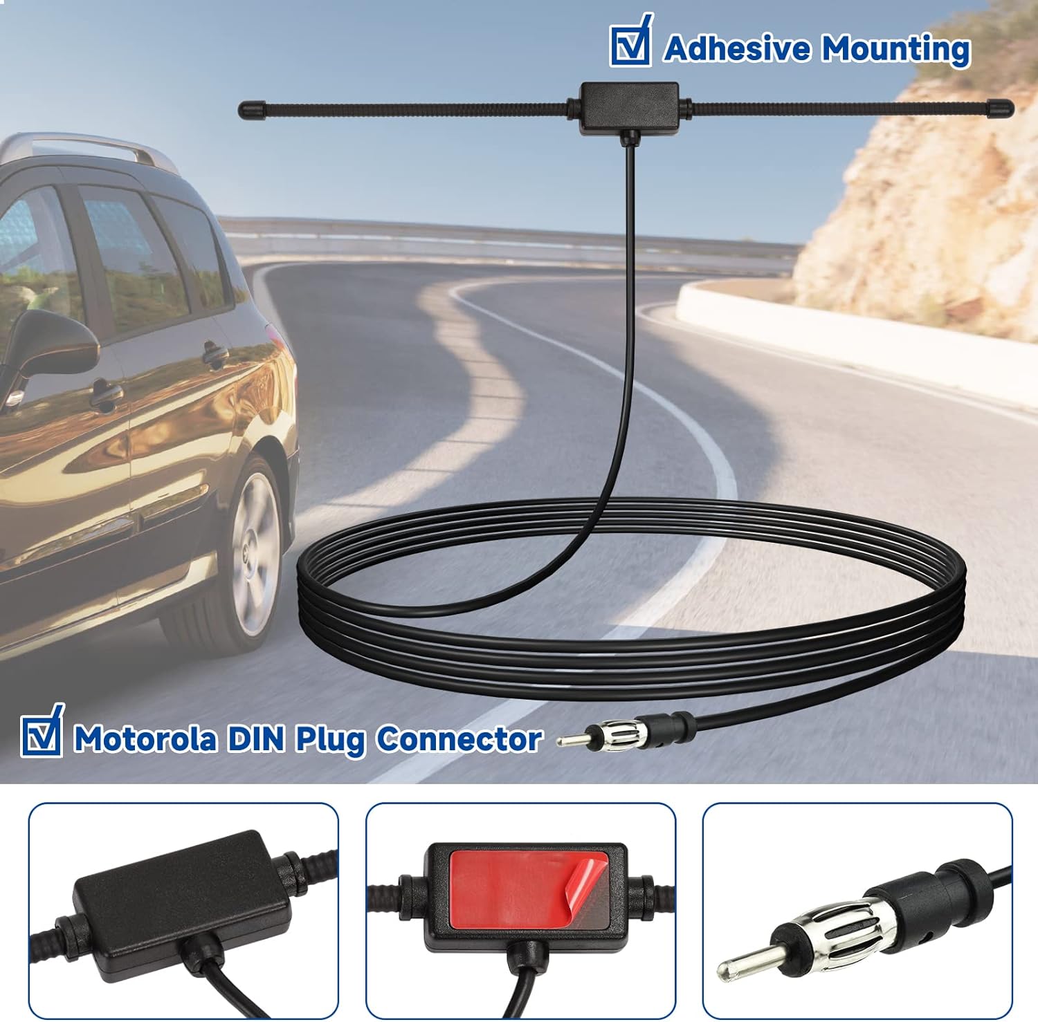 Simple installation guide: cleaning the windshield, peeling off the 3M tape, and sticking the antenna to the upper corner of the glass