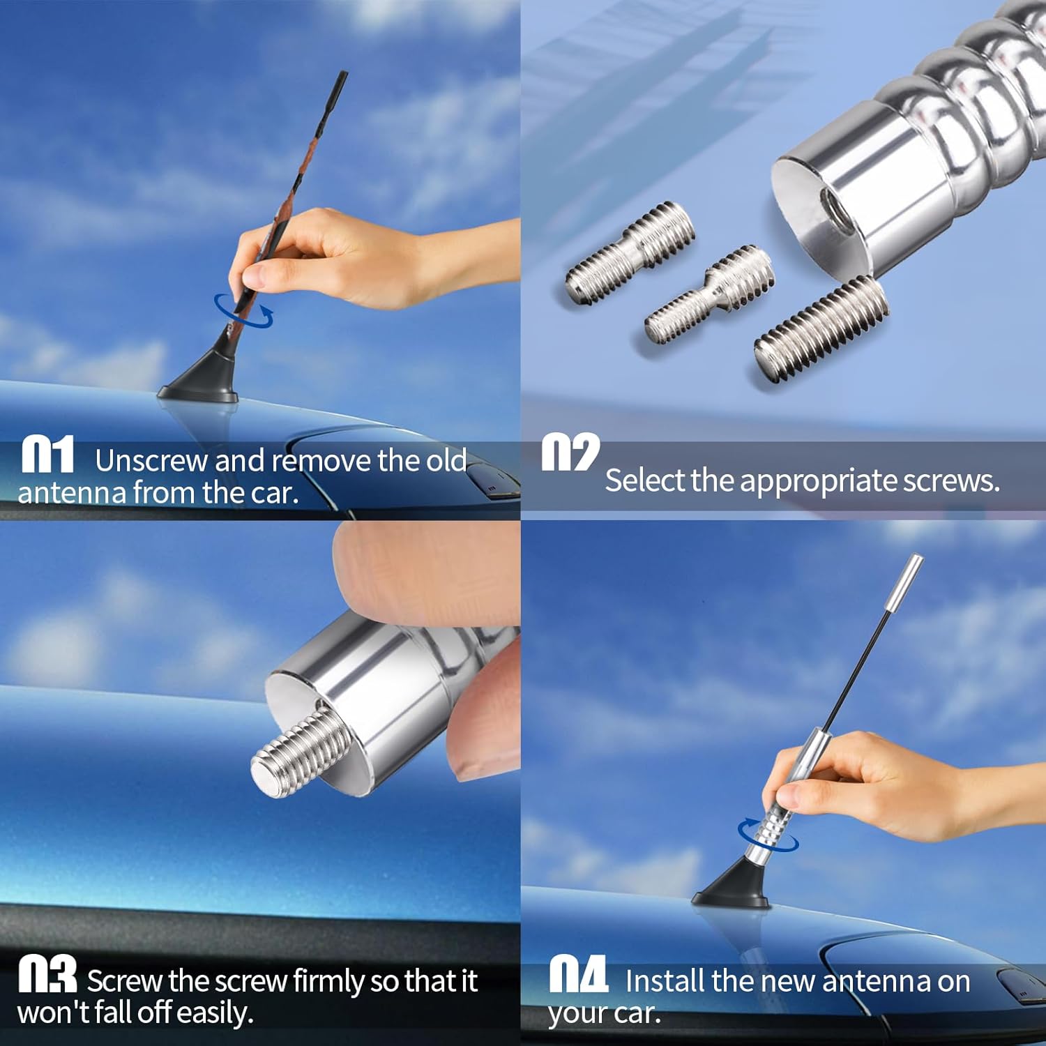 Simple screw-in installation showing the 18cm Bingfu antenna being attached to a car roof base using one of the included threaded adapters