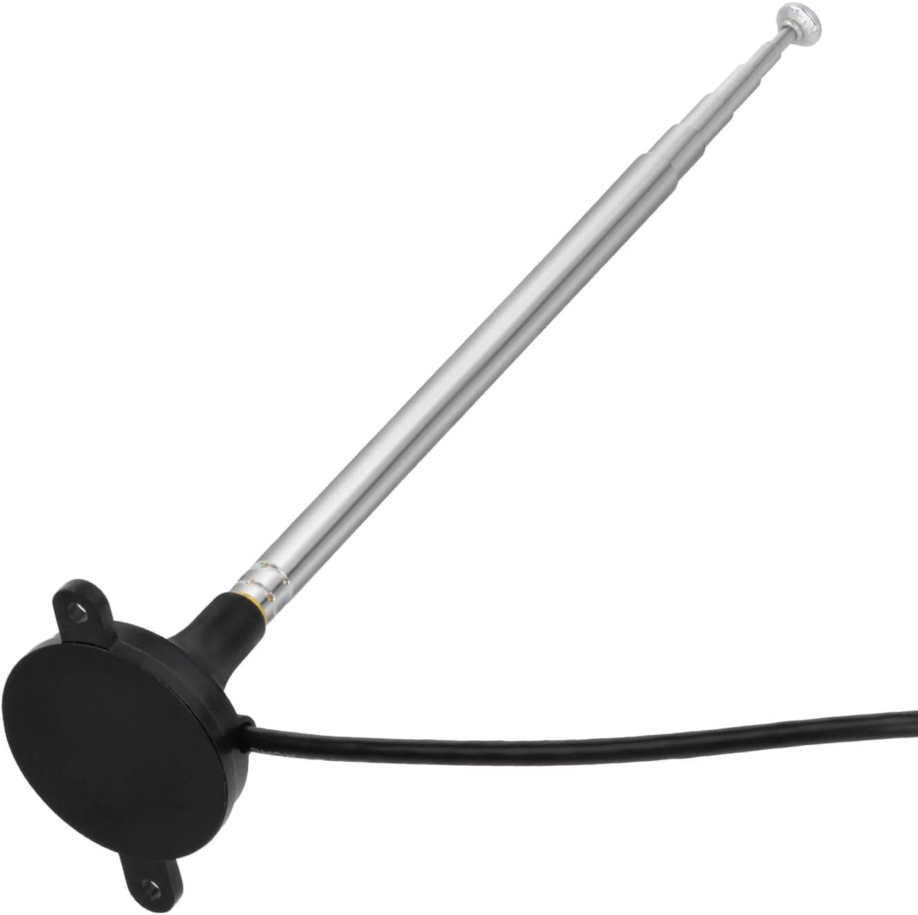 Simple screw-on installation showing the antenna being attached directly to the 'FM ANT 75Ω' port on the back of an AV receiver