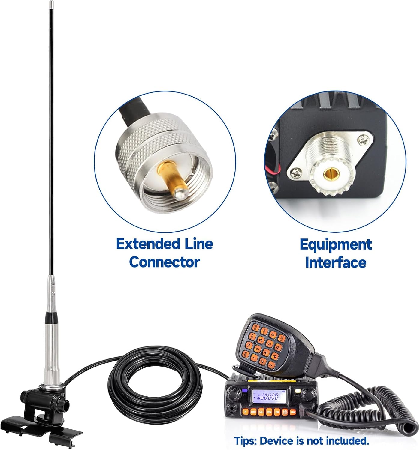 Standard PL259 (UHF Male) connector and SO239 base—compatible with most mobile ham radio transceivers