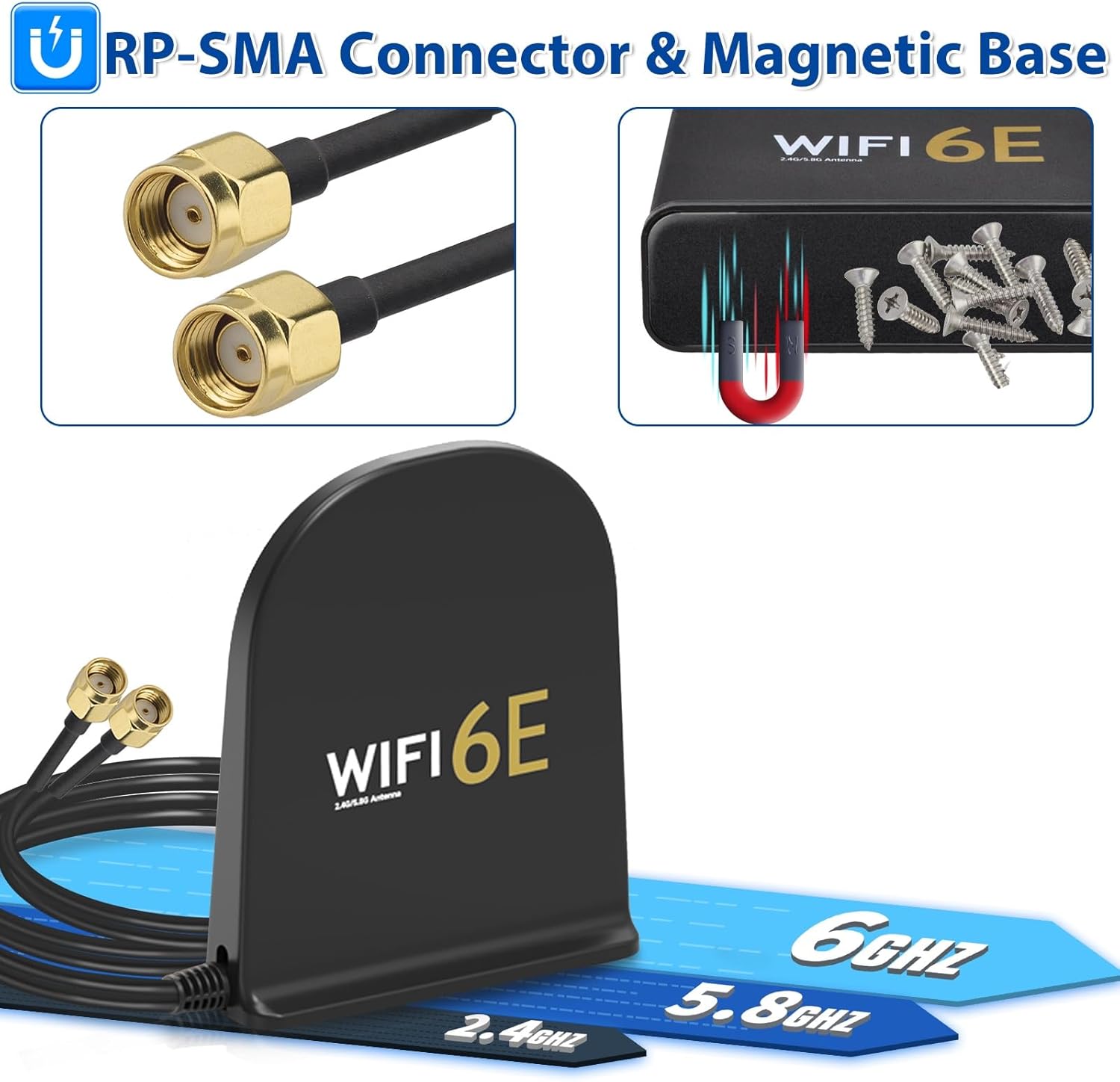 Standard RP-SMA Male connectors (internal thread with center hole) with premium shielding for WiFi 6E stability