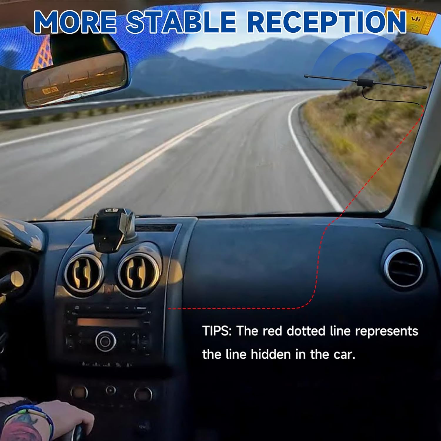 Step-by-step guide showing how to peel and stick the antenna to the inside of the car windscreen and tucking the cable behind the A-pillar