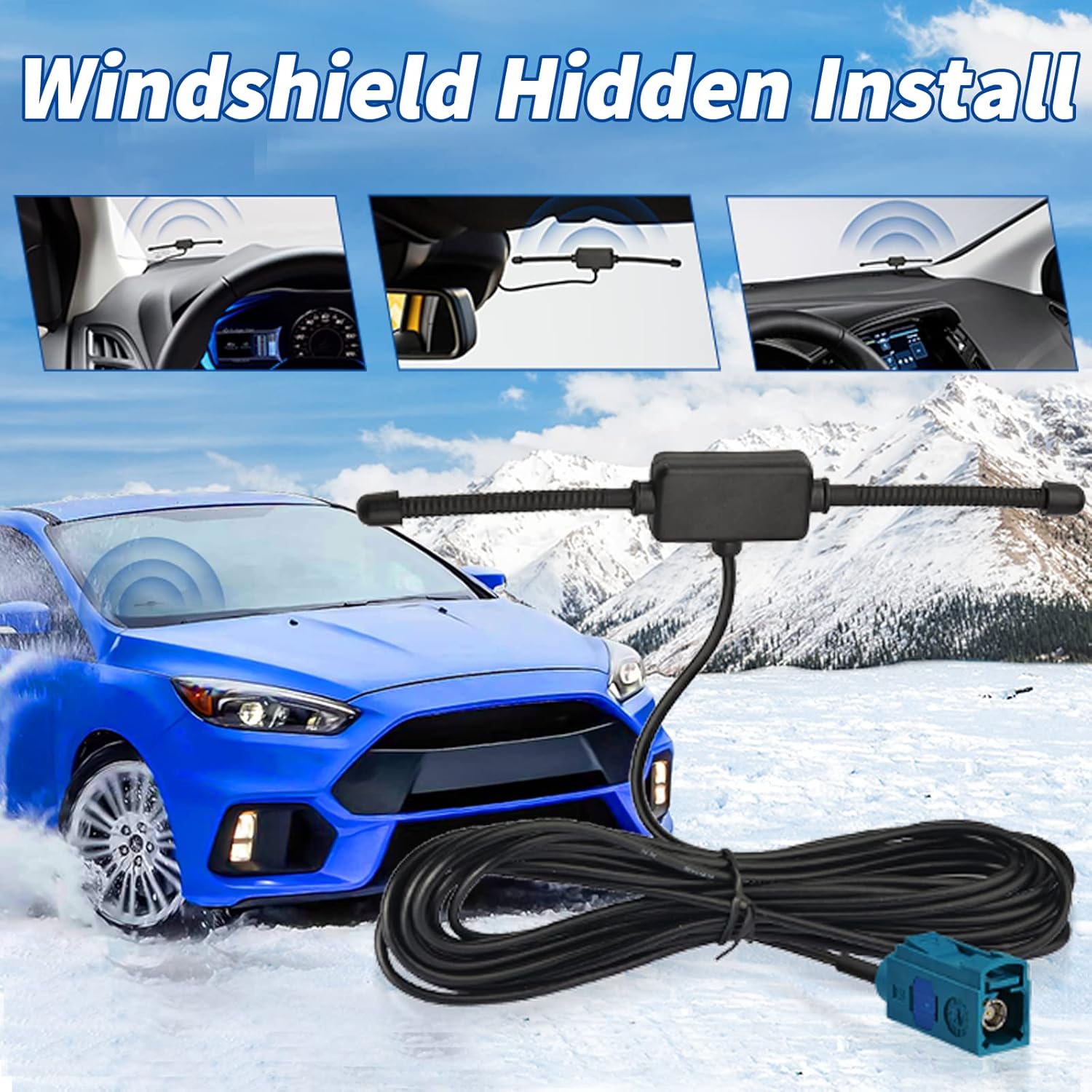 Step-by-step guide showing how to peel and stick the hidden antenna onto the upper corner of a car windshield and route the cable behind the A-pillar