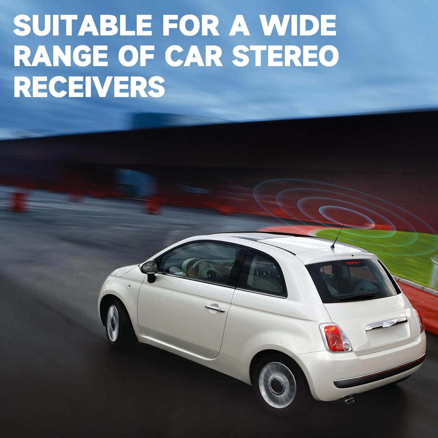 Step-by-step installation showing how to secure the antenna base to the vehicle roof and route the 5m cable to the dashboard stereo.