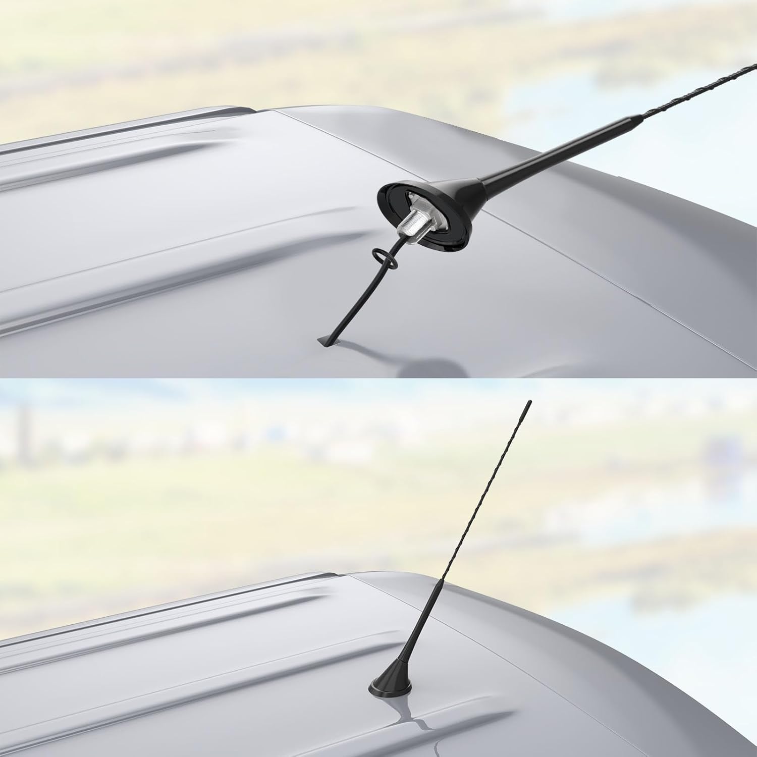 Step-by-step installation showing how to secure the antenna base to the vehicle roof and route the 5m cable to the dashboard stereo