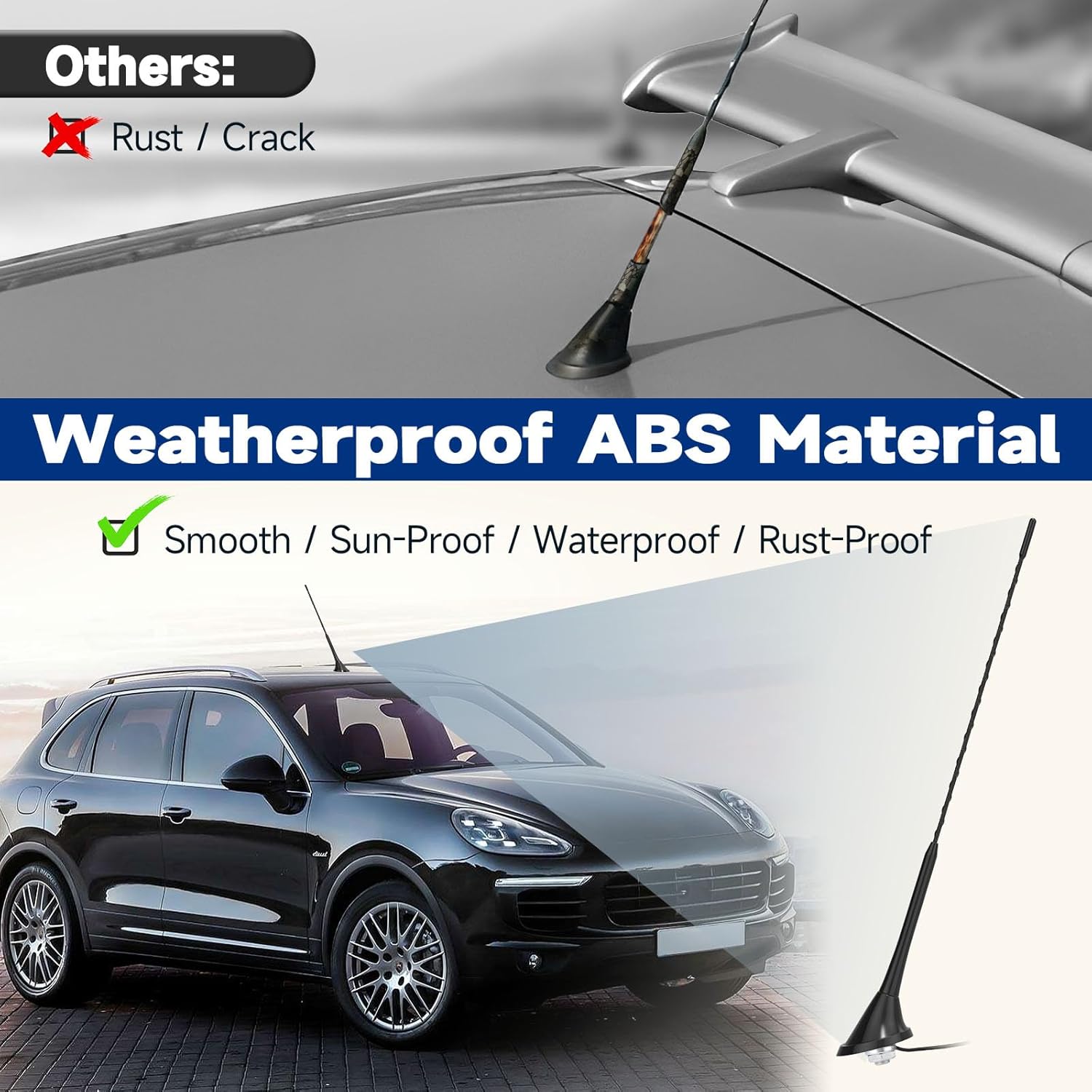 Step-by-step installation showing how to secure the antenna base to the vehicle roof and route the 5m cable to the dashboard stereo