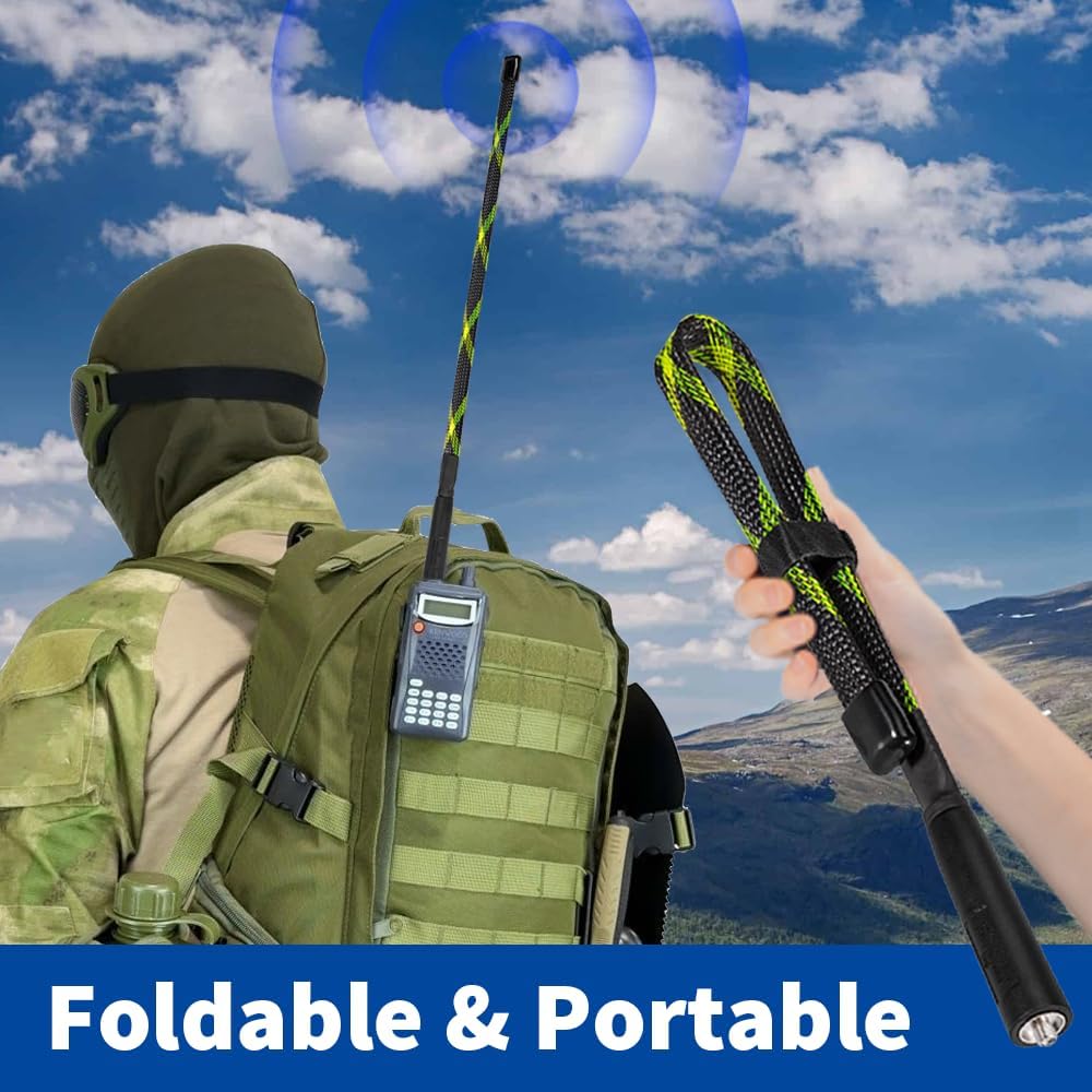 Tactical radio antenna used in a rugged outdoor environment, blending perfectly with camouflage gear