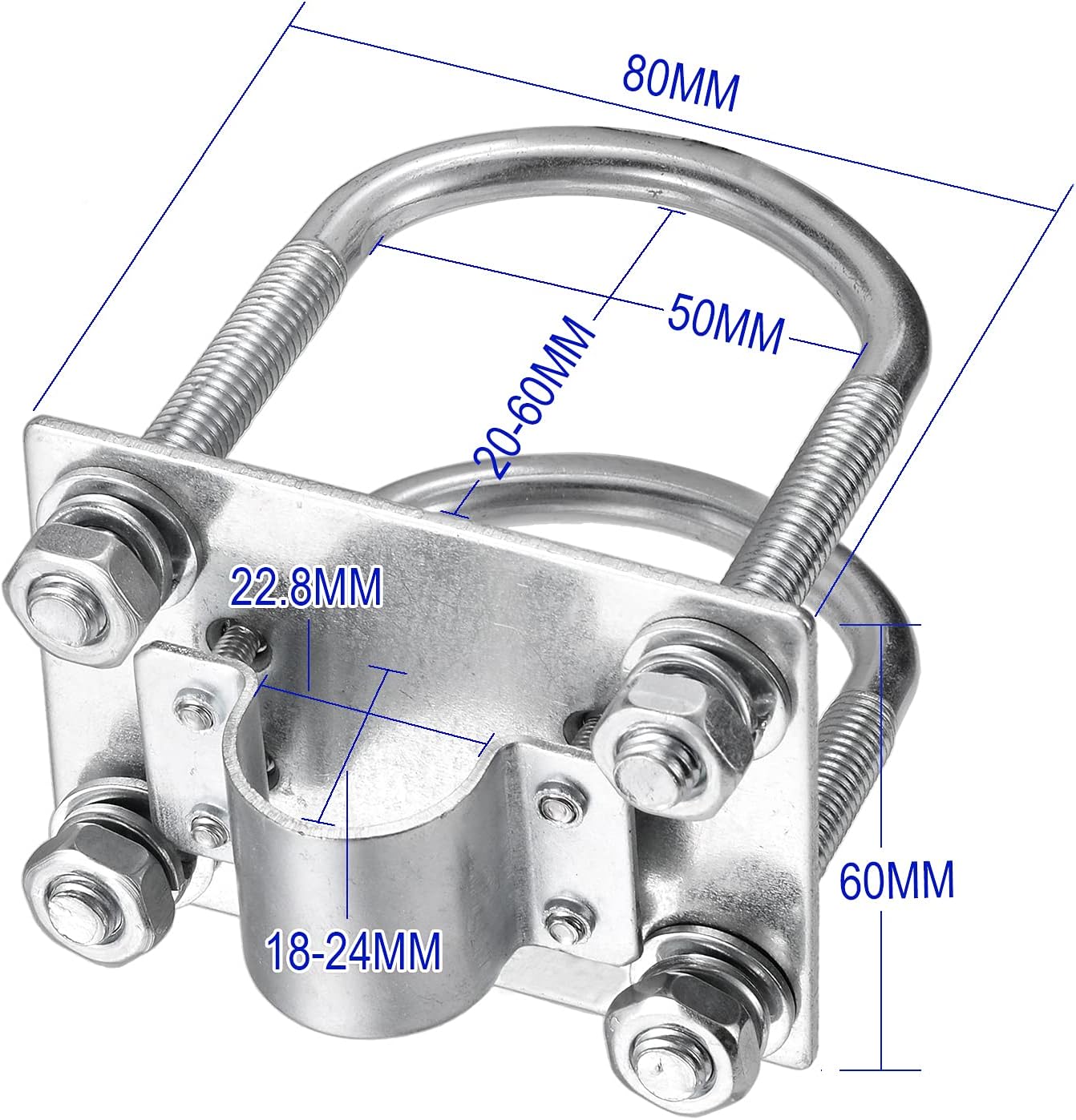 Technical diagram detailing pipe diameter compatibility and mounting dimensions