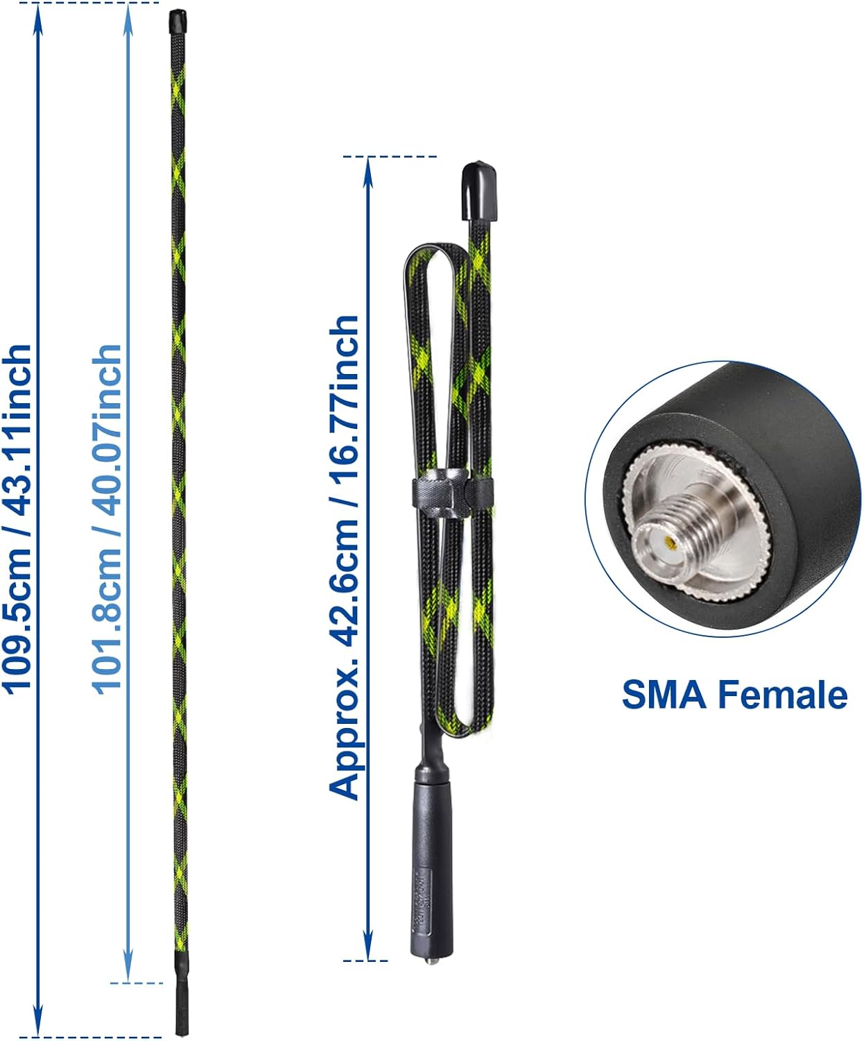 Technical diagram showcasing the 109.5cm fully extended length and the flexible folding structure