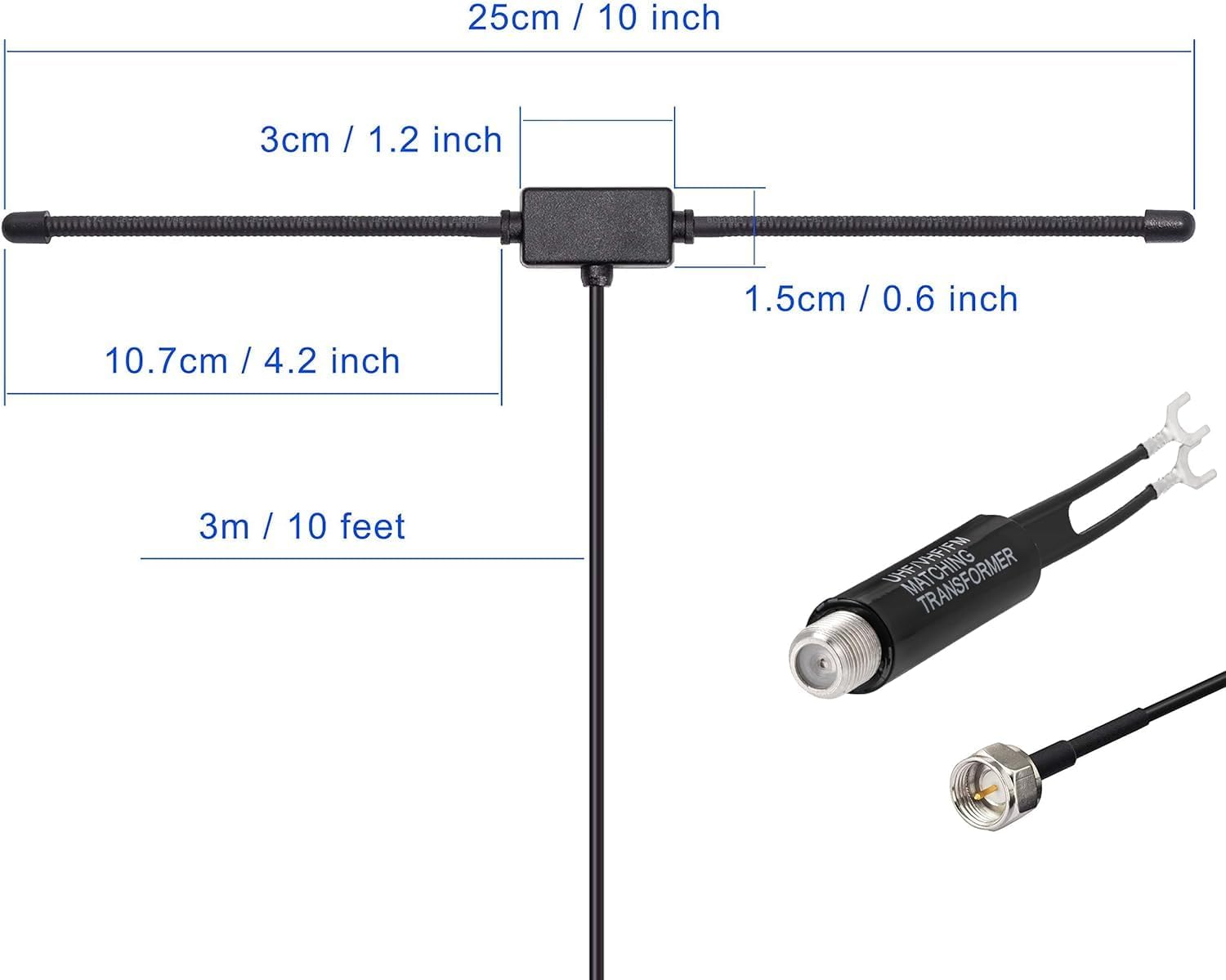 Technical diagram showing the 1.5m lead cable, the 1.6m dipole span, and the dimensions of the matching transformer