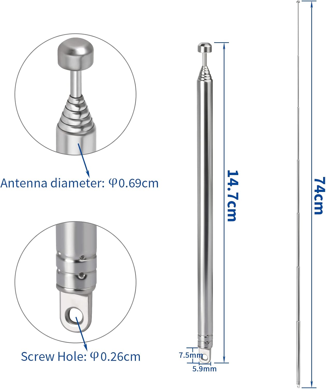 Technical diagram showing the 14.5cm retracted length and the full 74cm extended length of the 7-section antenna