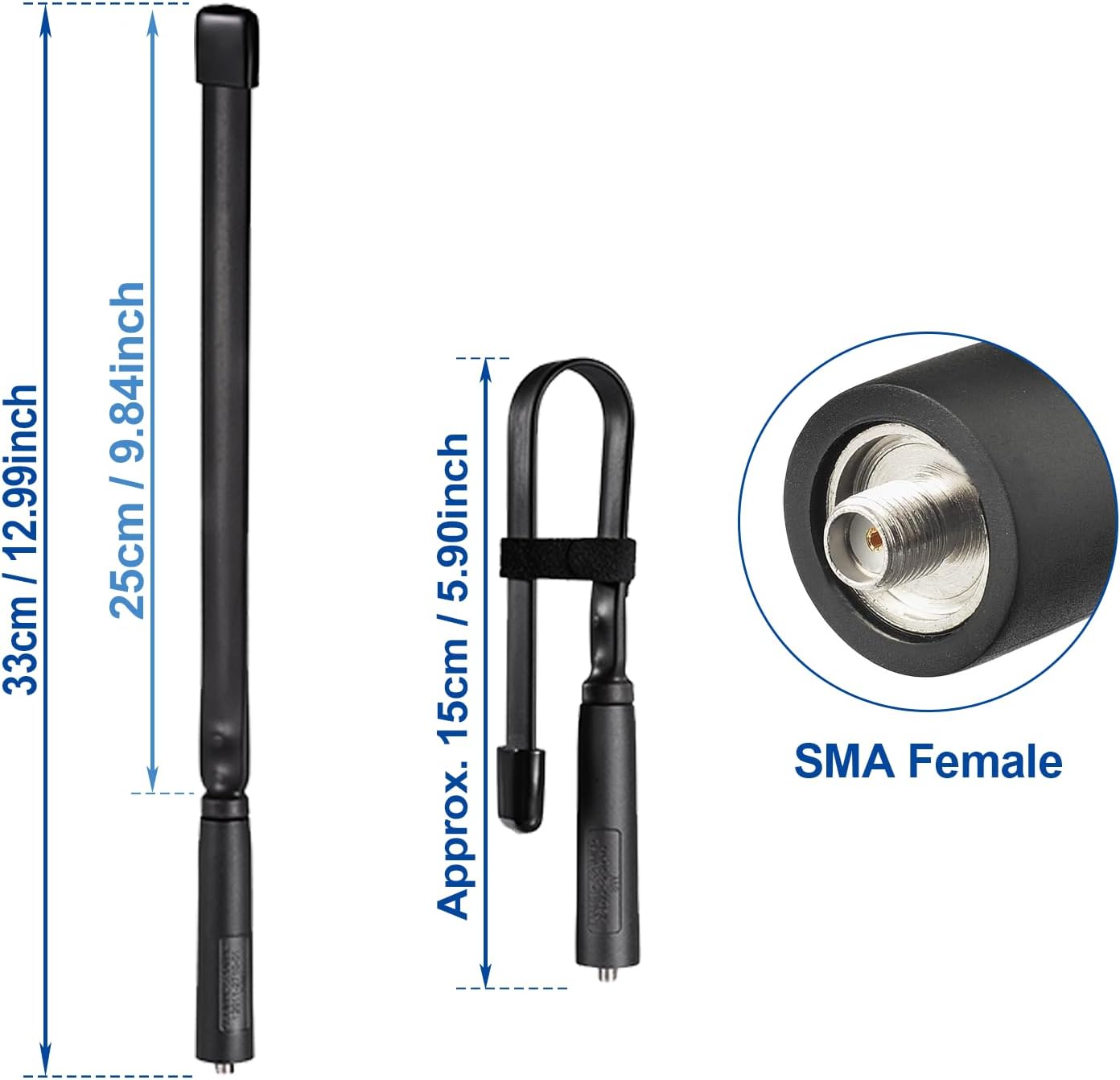 Technical diagram showing the 33cm length and foldable capability for easy gear storage