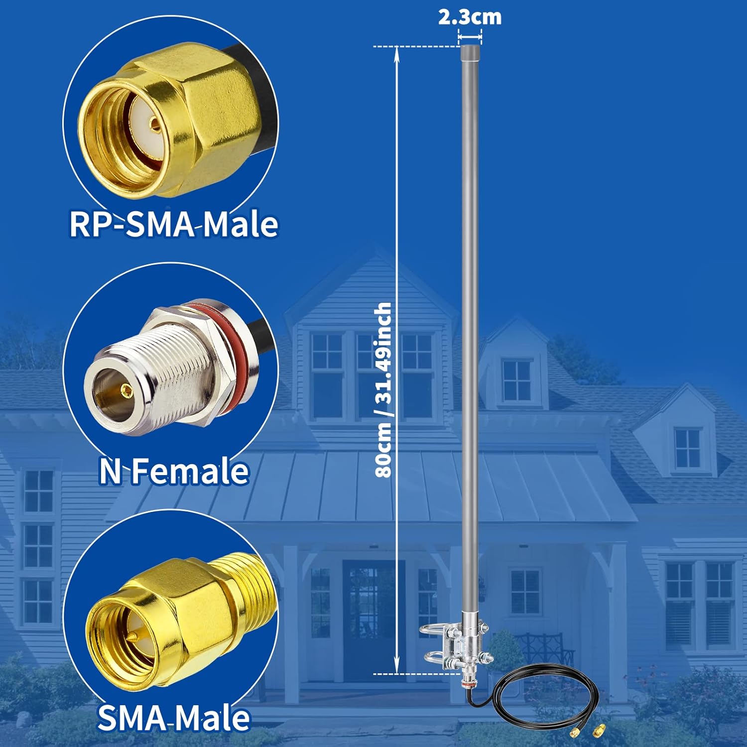 Technical diagram showing the antenna height and mounting bracket dimensions