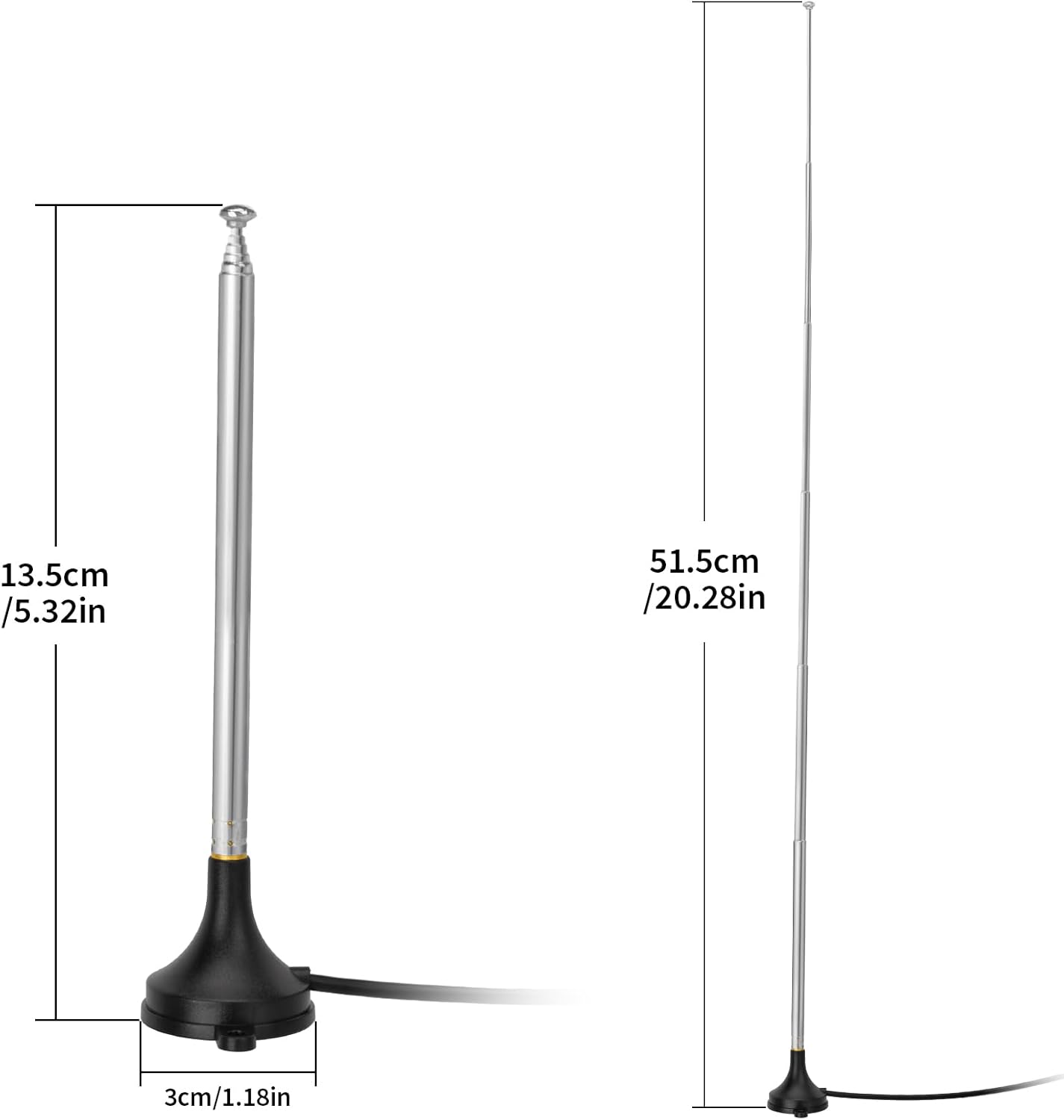 Technical diagram showing the antenna length from 17cm (retracted) up to 76cm (fully extended) for optimal FM signal tuning