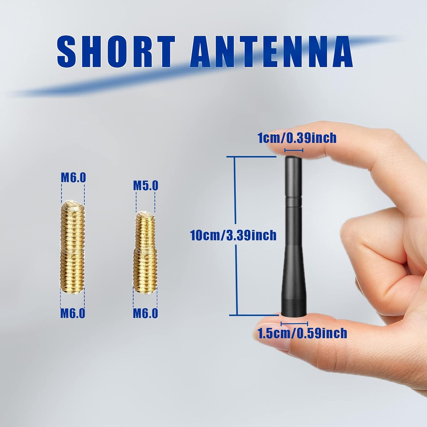 Technical dimension drawing showing the ultra-compact 10cm (3.94 inch) length and the sleek tapered profile of the antenna mast