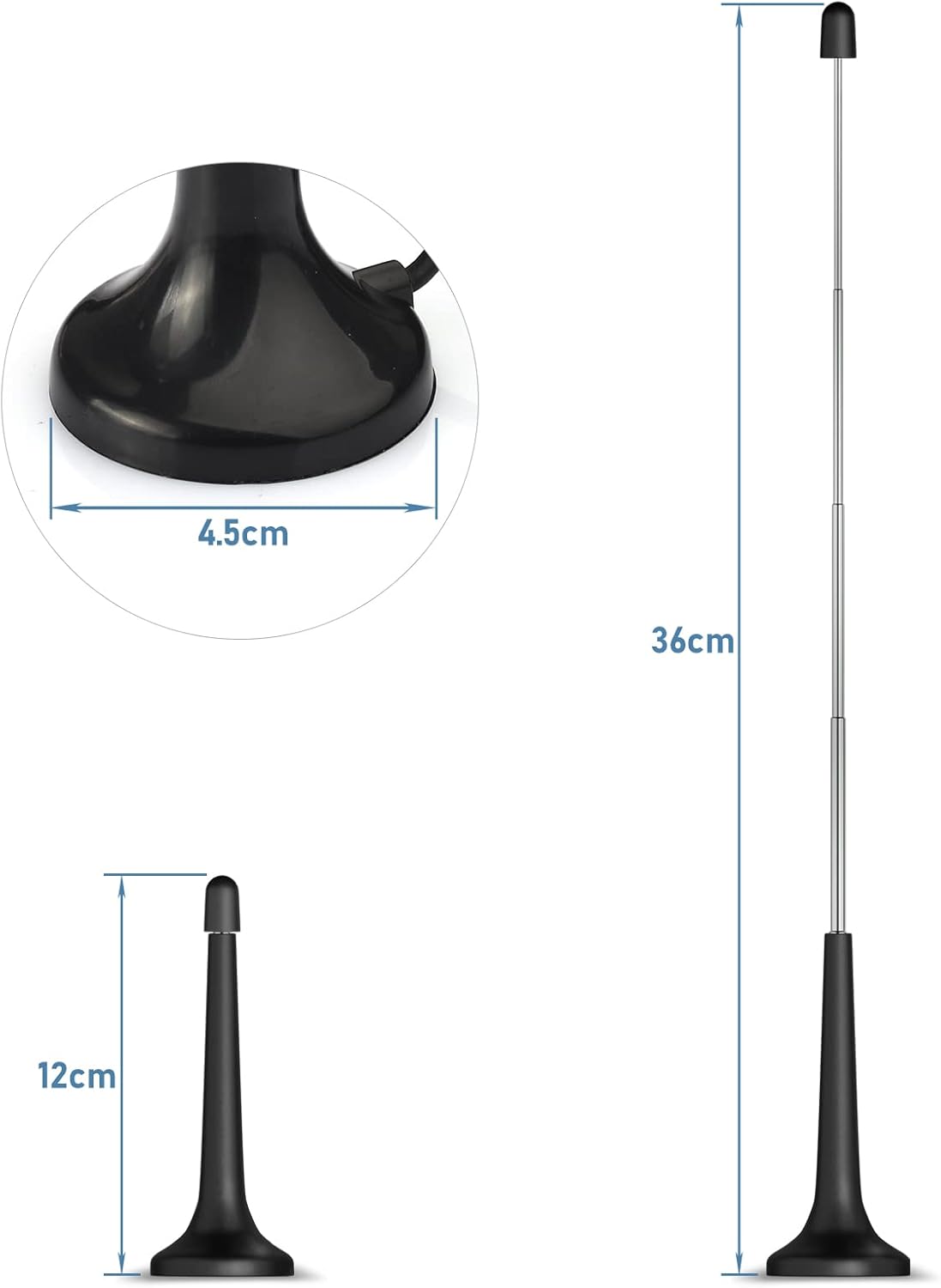 Technical dimensions showing the 15cm-74cm telescopic range, the 30mm diameter magnetic base, and the 3m (10ft) cable length