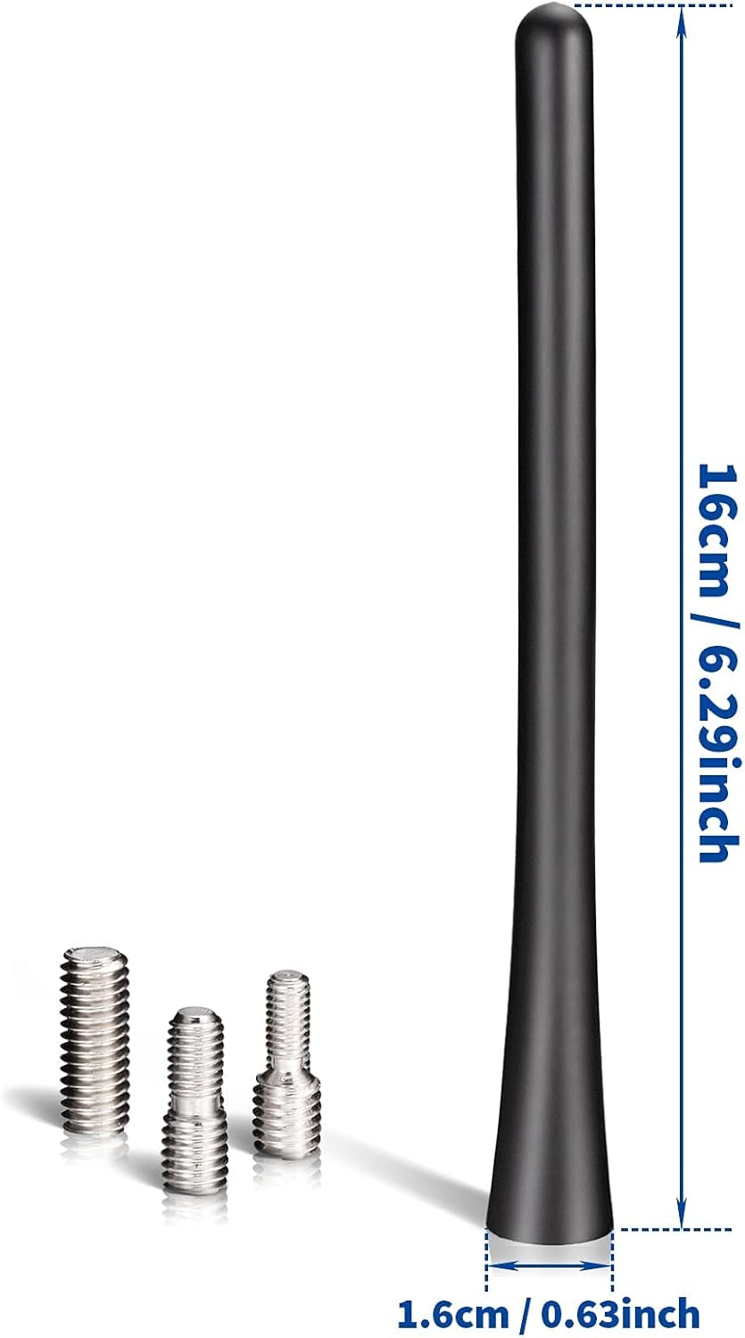 Technical drawing showing the 16cm (6.3 inches) height and the base diameter, comparing it to a standard long whip antenna