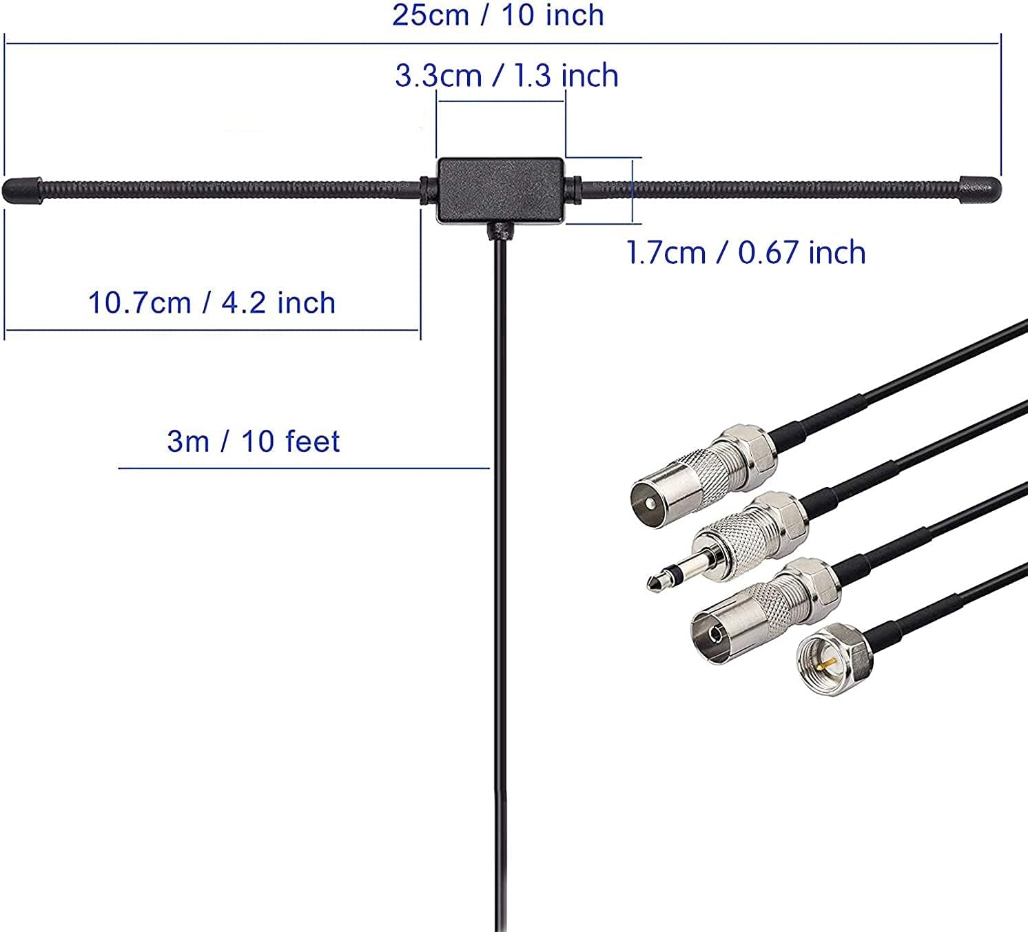 Technical drawing showing the 3-meter (10ft) lead cable length and the 1.6-meter total span of the T-bar dipole arms