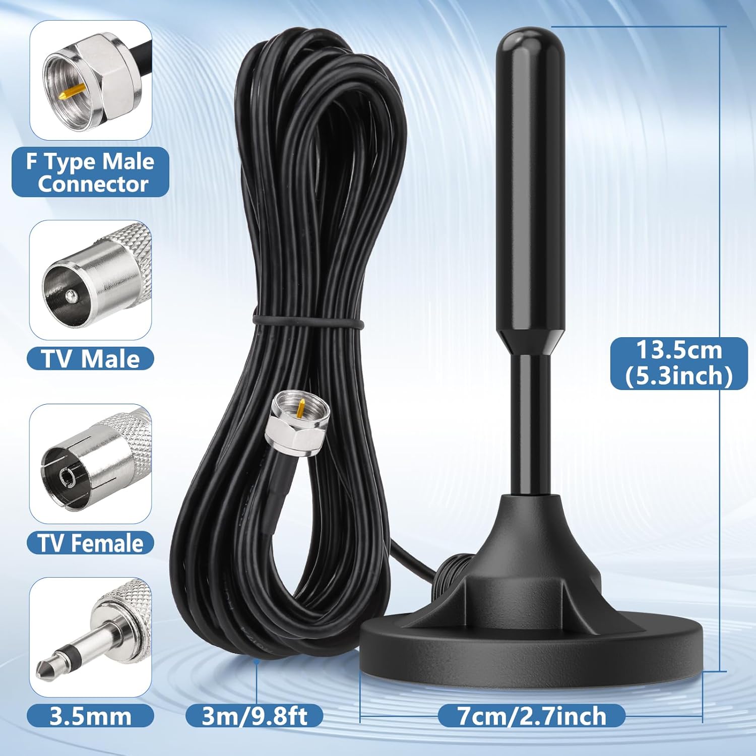 Technical drawing showing the 3m cable length and the telescopic rod range from 12.5cm to 45cm