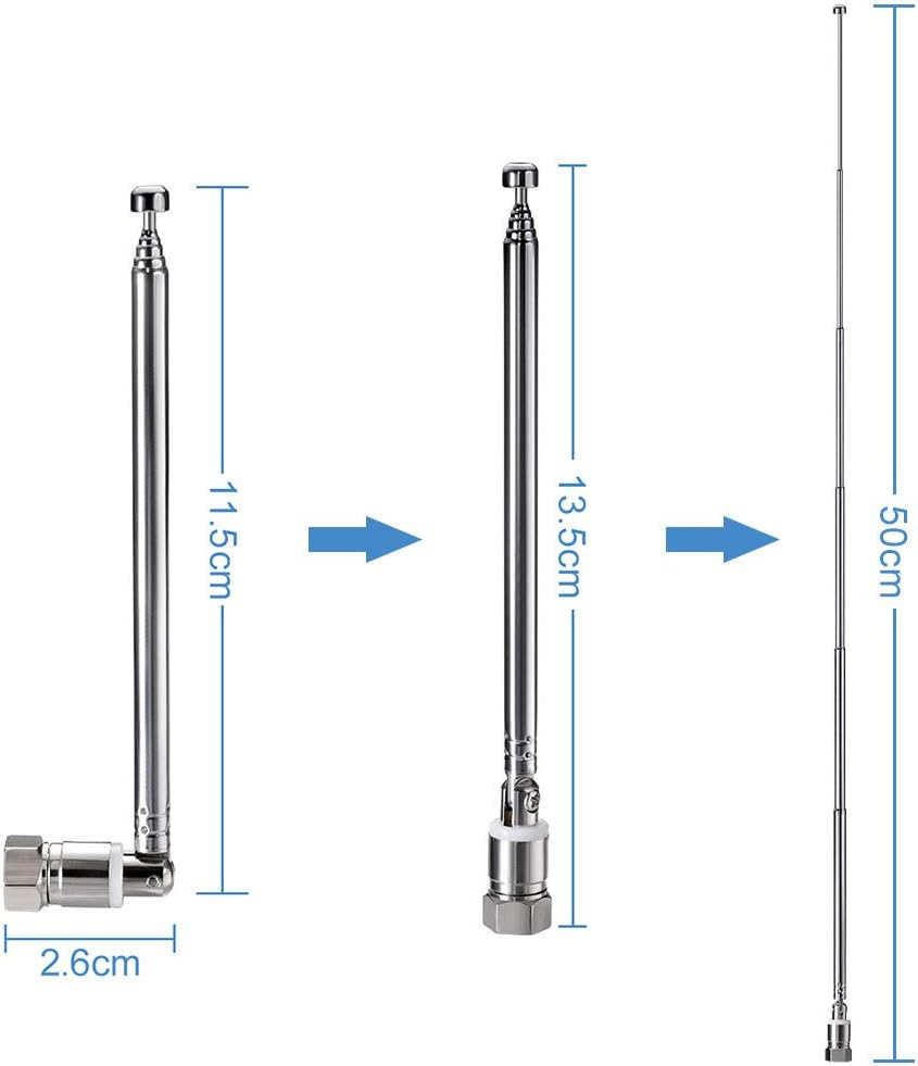 Technical drawing showing the retracted length of 12cm and the fully extended length of 50cm (19.7 inches) for maximum signal gain
