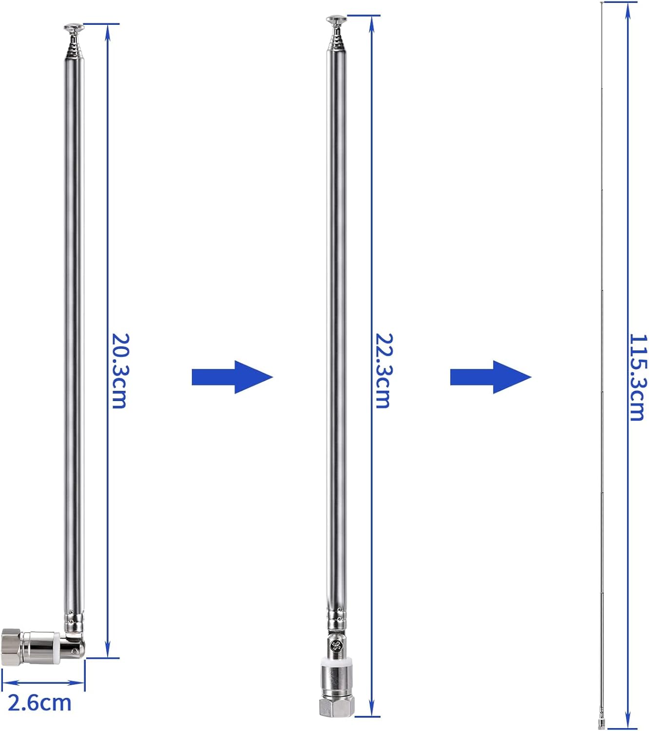 Technical drawing showing the retracted length of 17cm and the fully extended length of 76cm for optimal signal capture