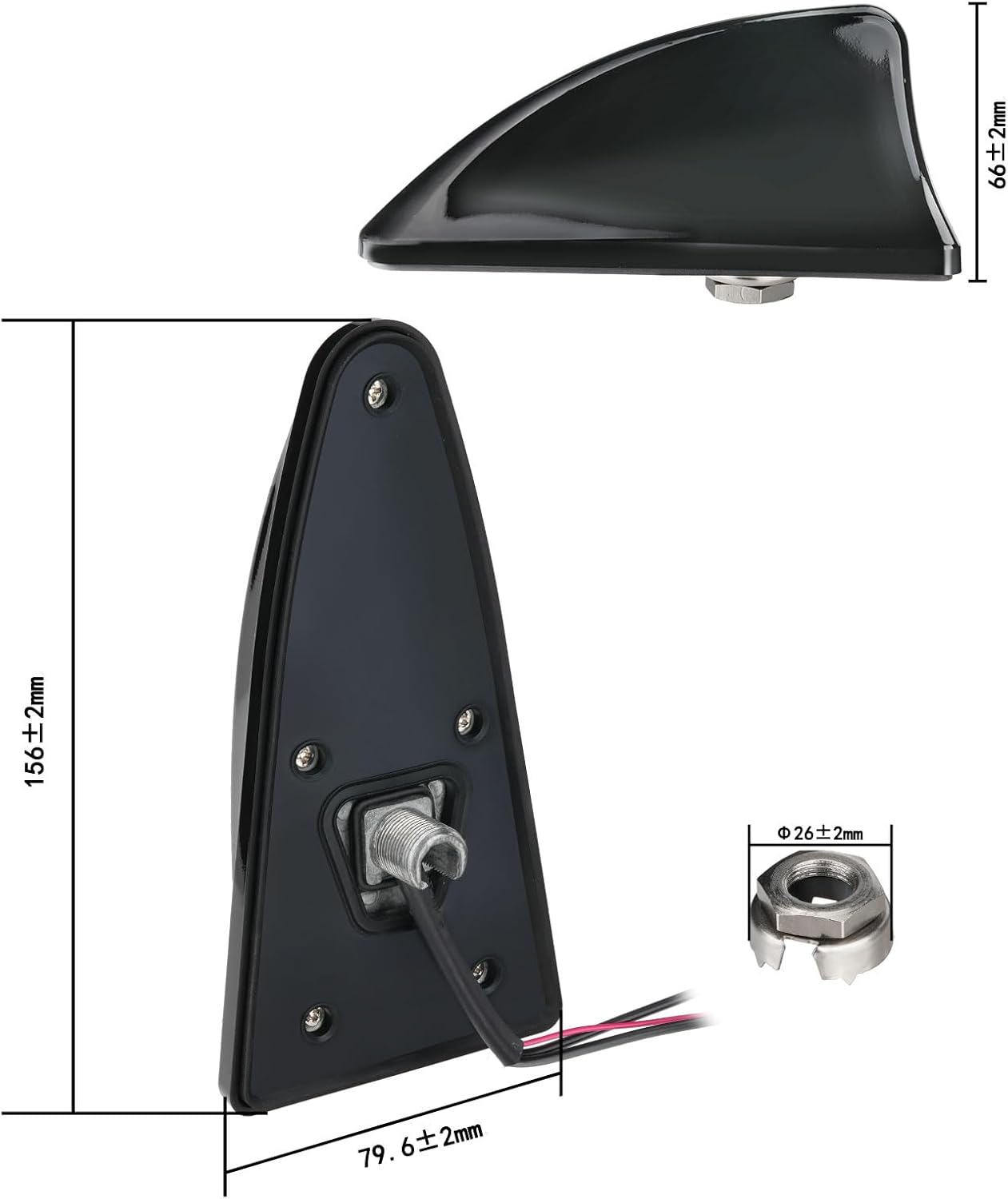 Technical drawing showing the sleek dimensions of the antenna housing and the 5-meter RG174 extension cable length