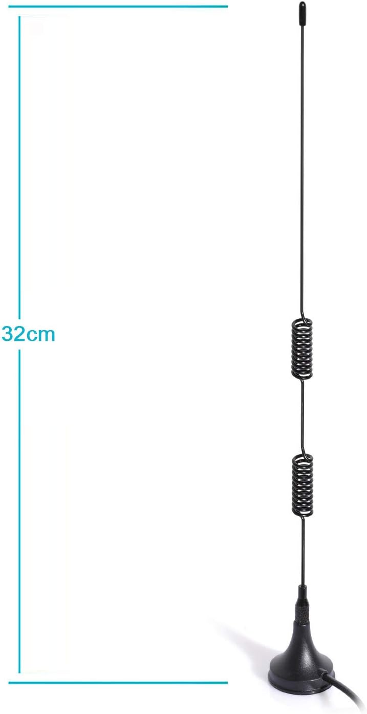 Technical layout showing antenna height, base diameter, and cable length specifications.