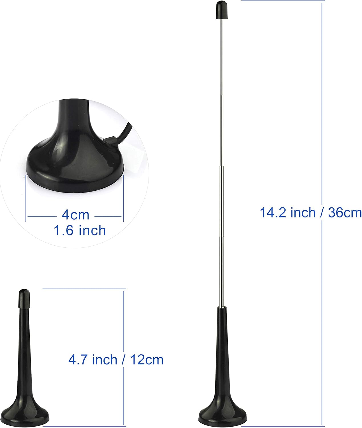 Technical layout showing the adjustable length of the FM whip and the loop antenna frame dimensions