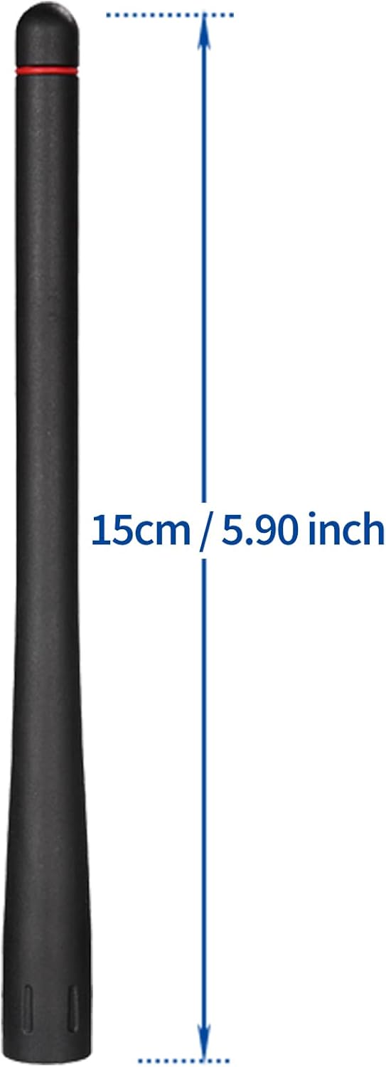 Technical layout showing the antenna length and compact, ergonomic design