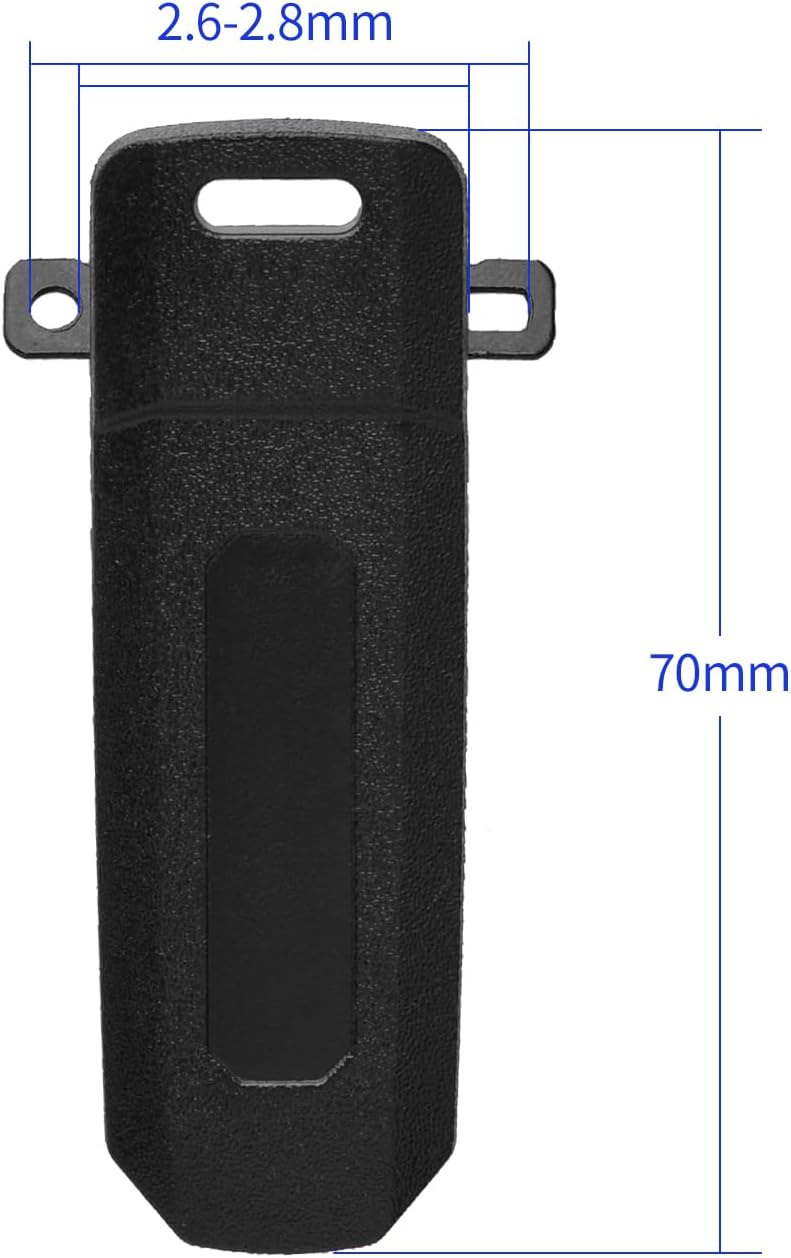 Technical layout showing the precise dimensions of the clip to ensure a perfect fit for specific radio models