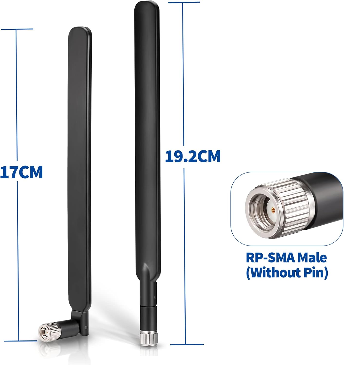 Technical measurements: Bingfu TON00611 antenna length, width, and RP-SMA interface specs